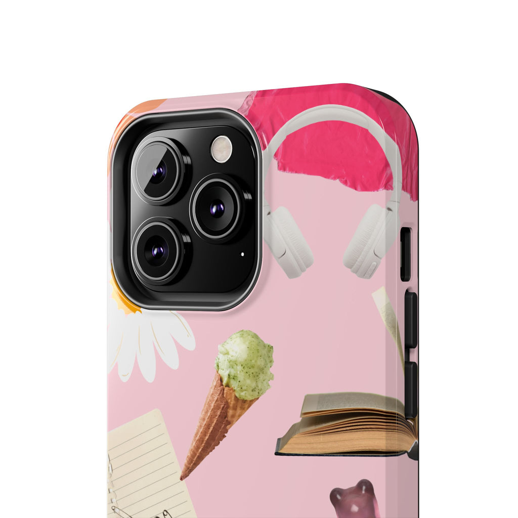Pastel Collage Tough Phone Case – Cute Floral, Camera & Snacks Pattern