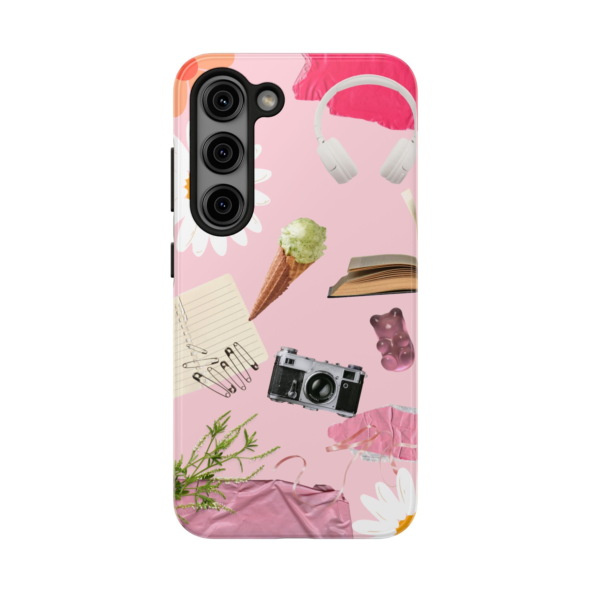 Pastel Collage Tough Phone Case – Cute Floral, Camera & Snacks Pattern