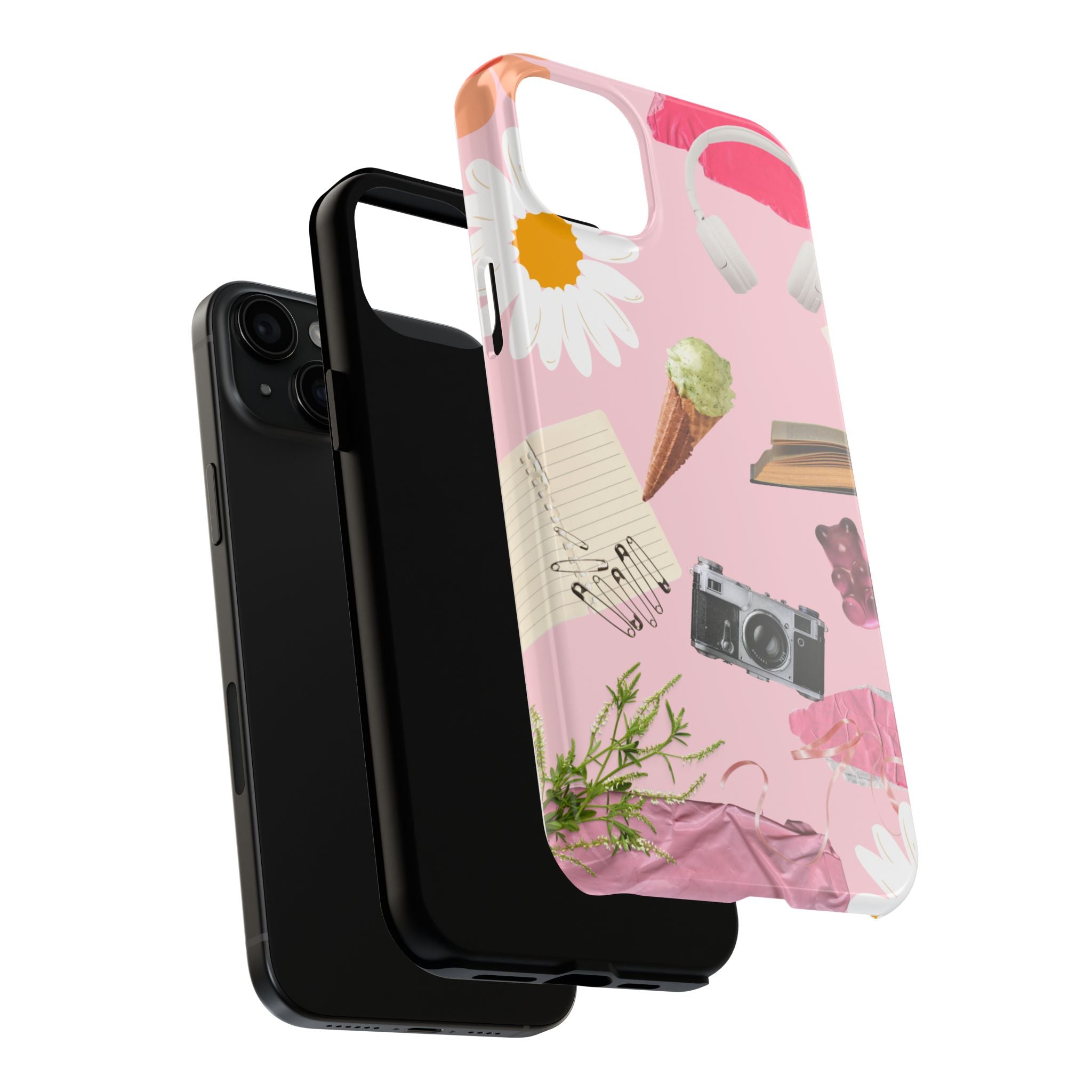 Pastel Collage Tough Phone Case – Cute Floral, Camera & Snacks Pattern