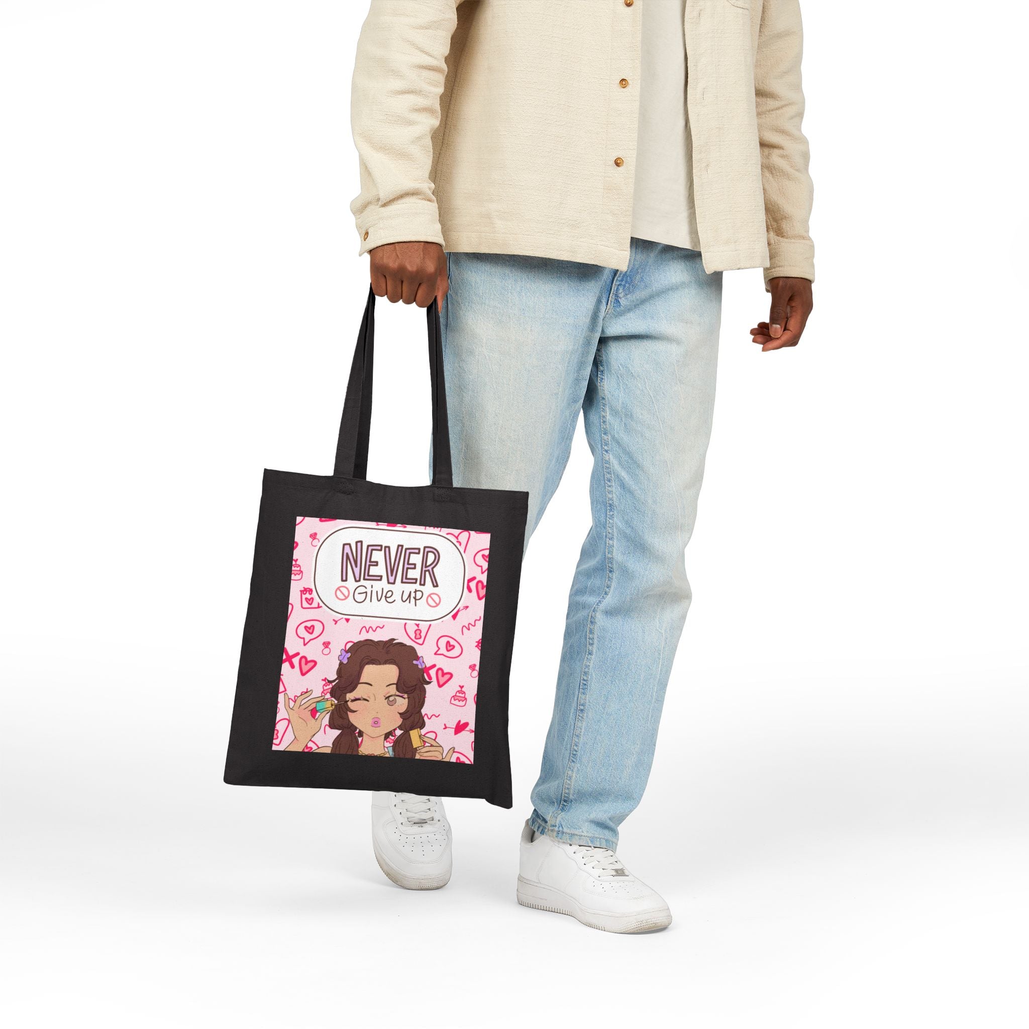 Never Give Up Tote Bag — Cute Motivational Canvas Tote for Women