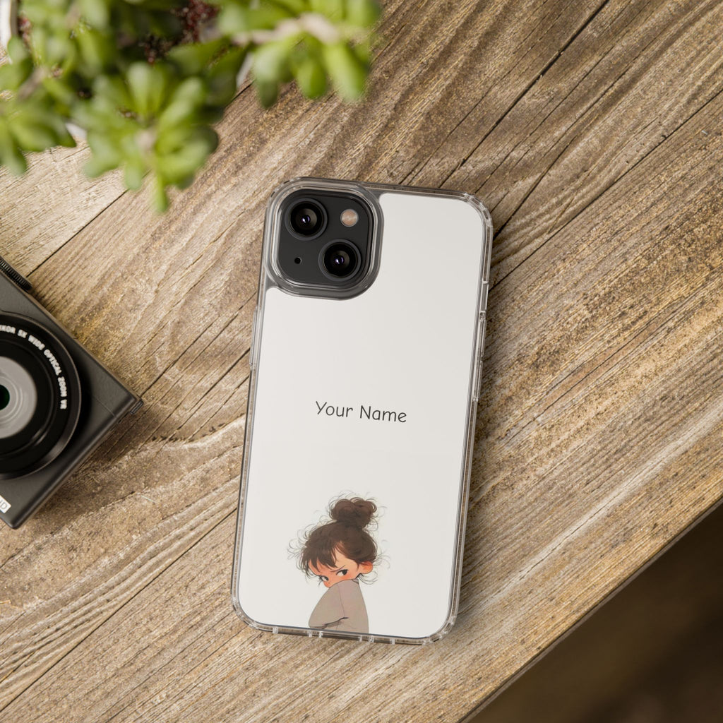 Personalized Clear Phone Case — Cute Girl Illustration with Custom Name