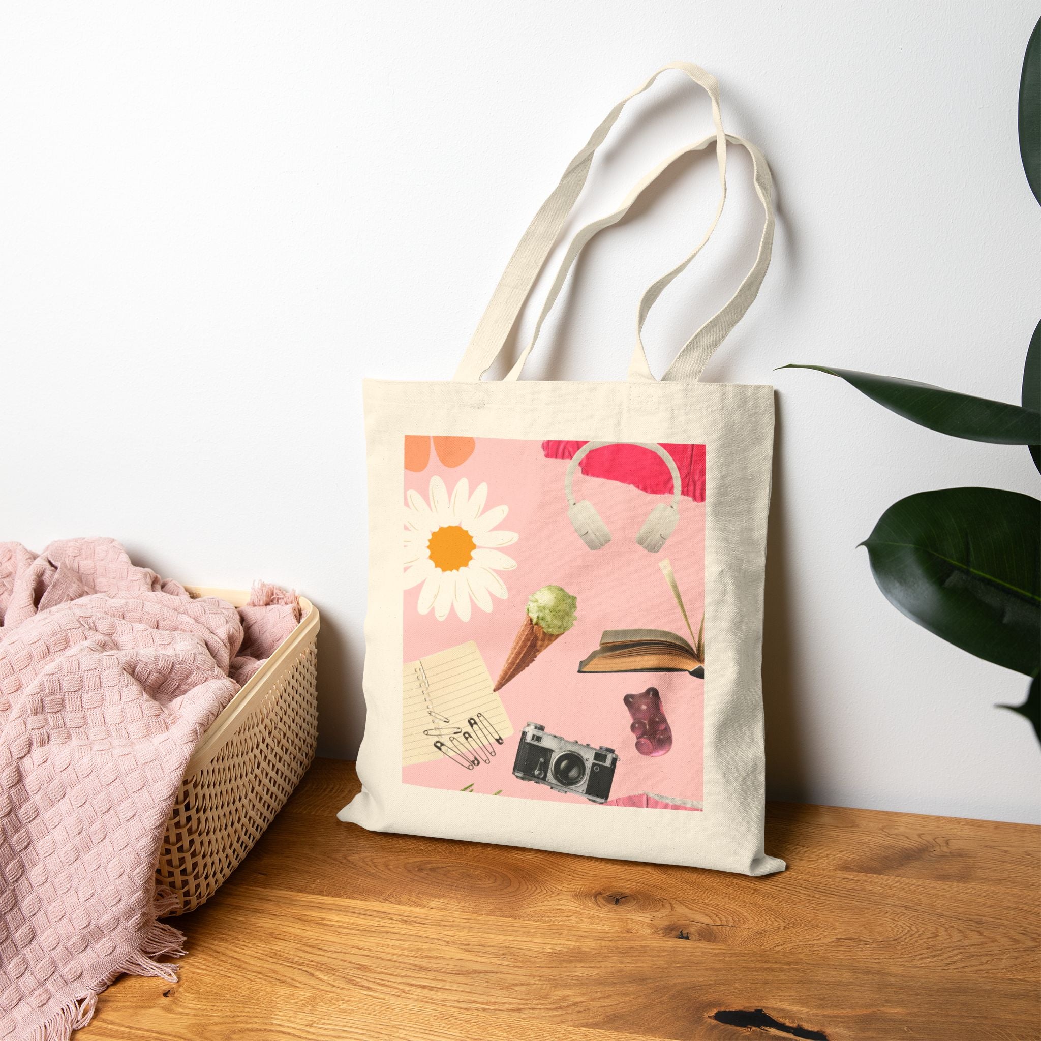 Canvas Tote Bag — Pink Aesthetic Collage: Daisy, Camera, Headphones & Book