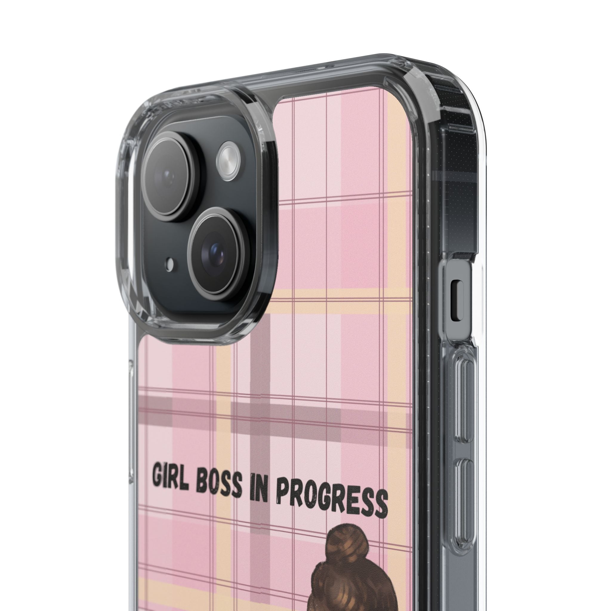 Girl Boss in Progress Clear Phone Case – Pink Plaid Feminine iPhone Cover