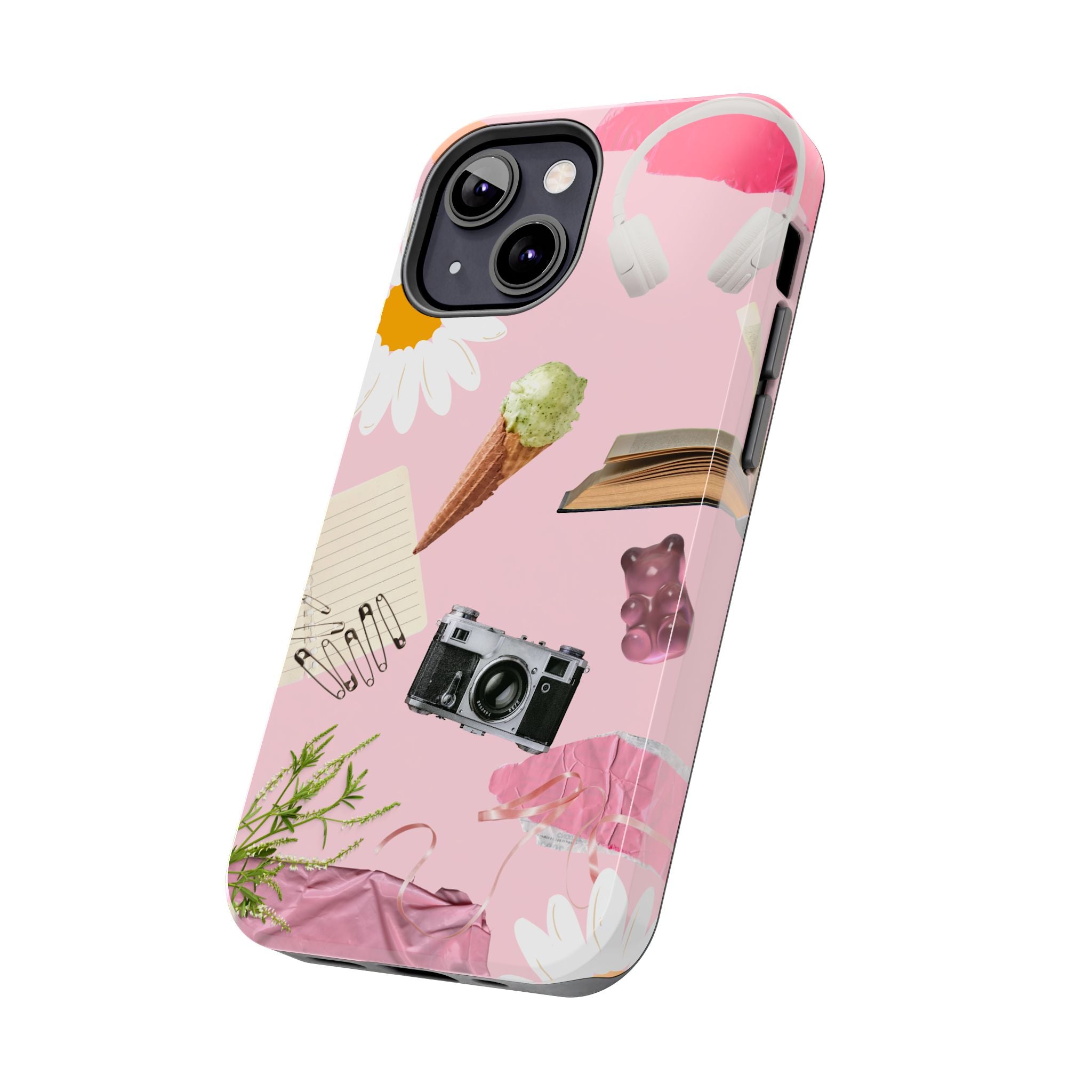 Pastel Collage Tough Phone Case – Cute Floral, Camera & Snacks Pattern