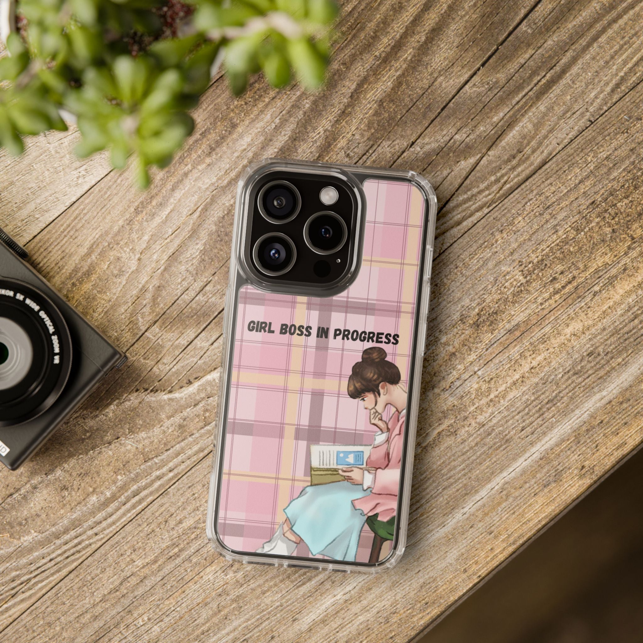 Girl Boss in Progress Clear Phone Case – Pink Plaid Feminine iPhone Cover