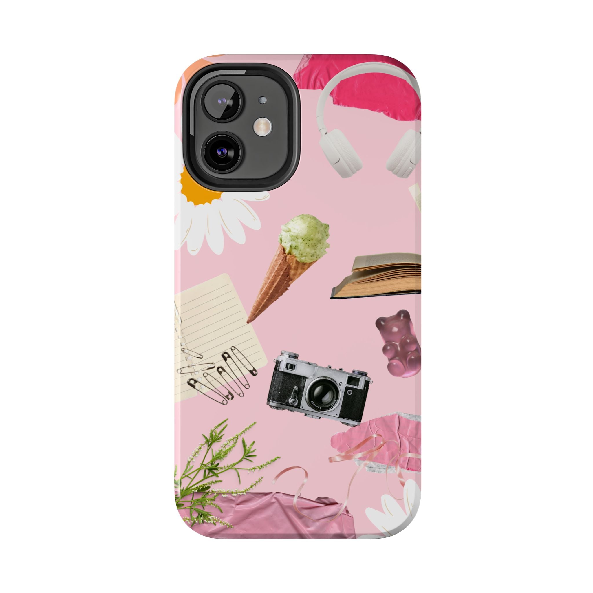 Pastel Collage Tough Phone Case – Cute Floral, Camera & Snacks Pattern