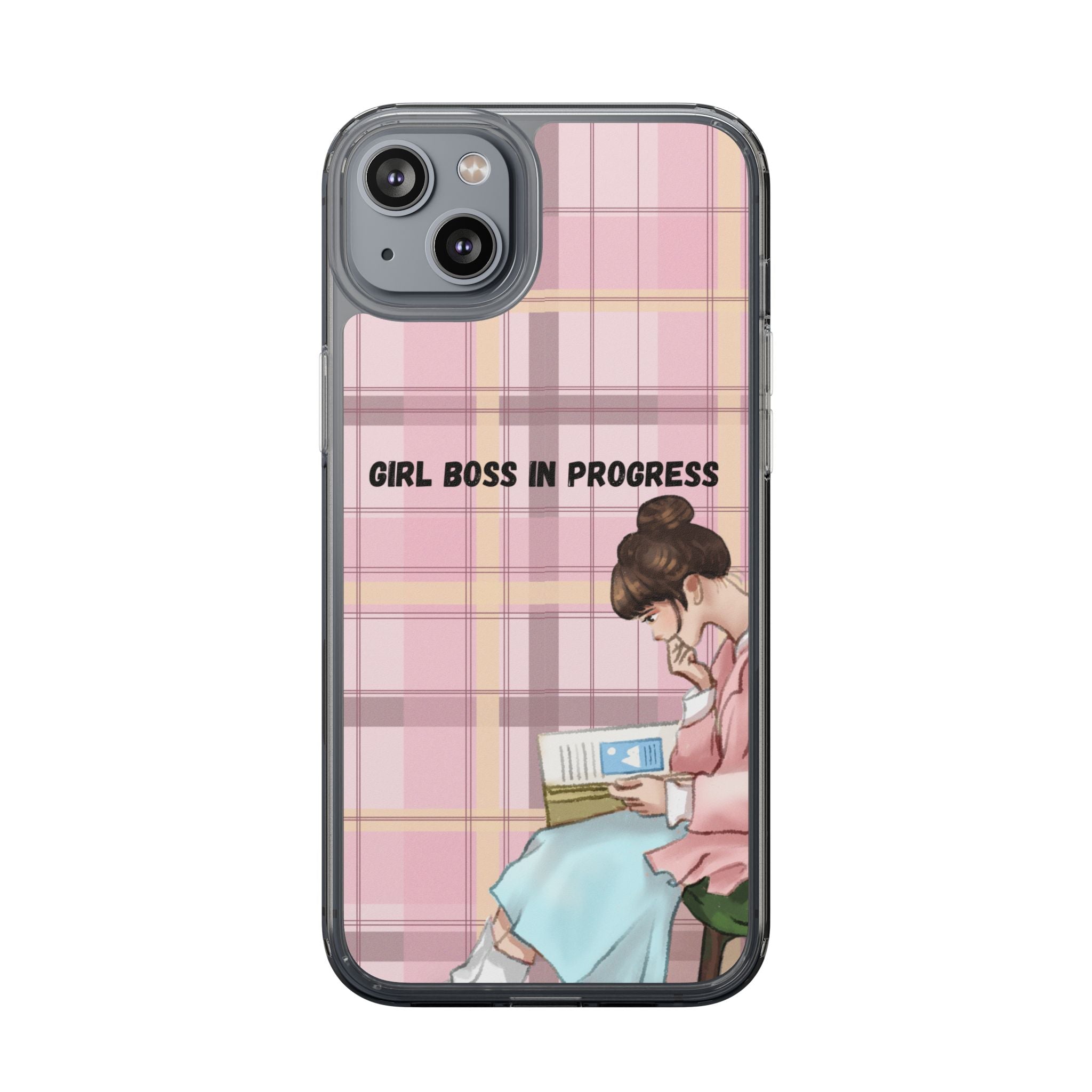 Girl Boss in Progress Clear Phone Case – Pink Plaid Feminine iPhone Cover
