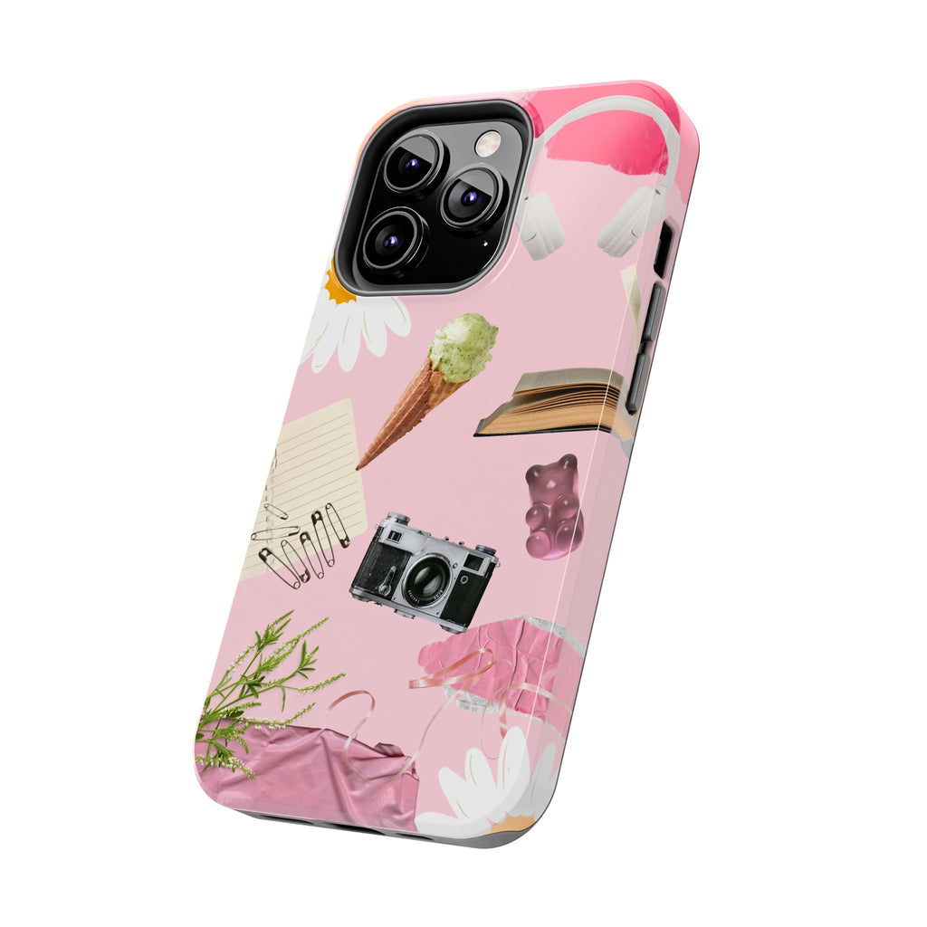 Pastel Collage Tough Phone Case – Cute Floral, Camera & Snacks Pattern