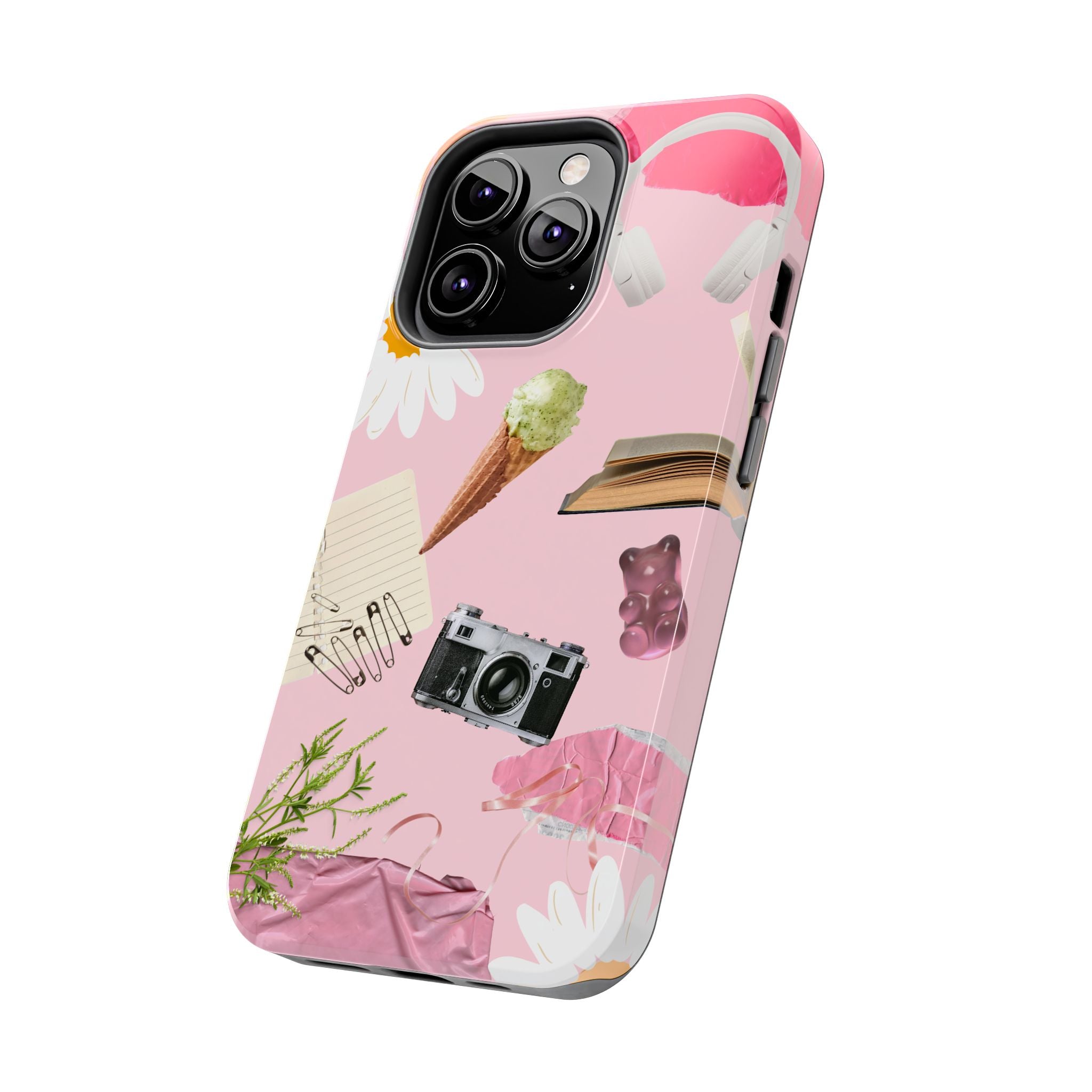 Pastel Collage Tough Phone Case – Cute Floral, Camera & Snacks Pattern