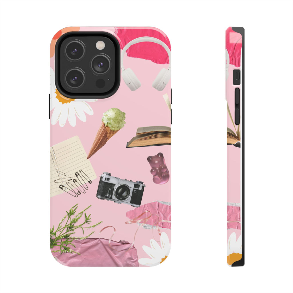 Pastel Collage Tough Phone Case – Cute Floral, Camera & Snacks Pattern
