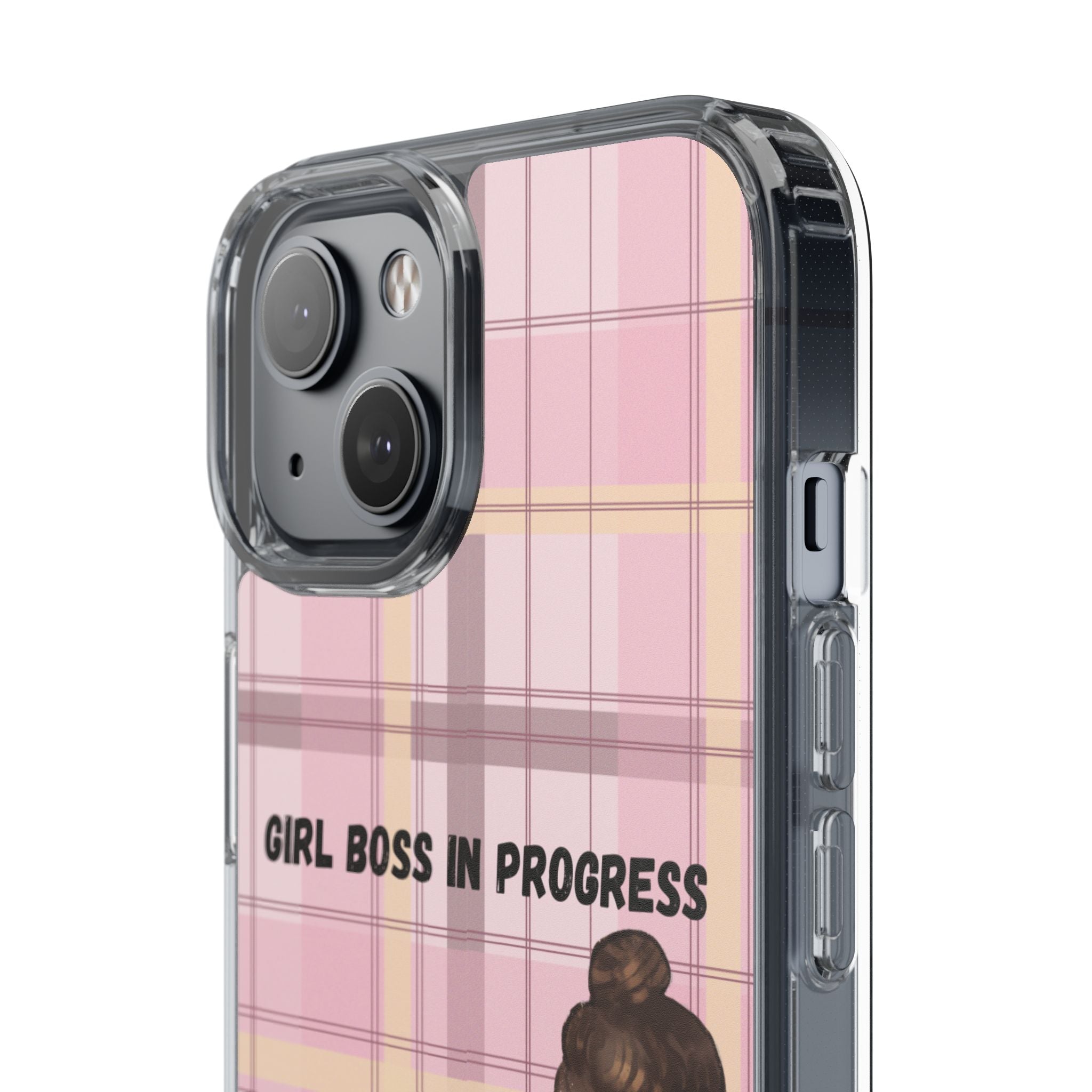 Girl Boss in Progress Clear Phone Case – Pink Plaid Feminine iPhone Cover