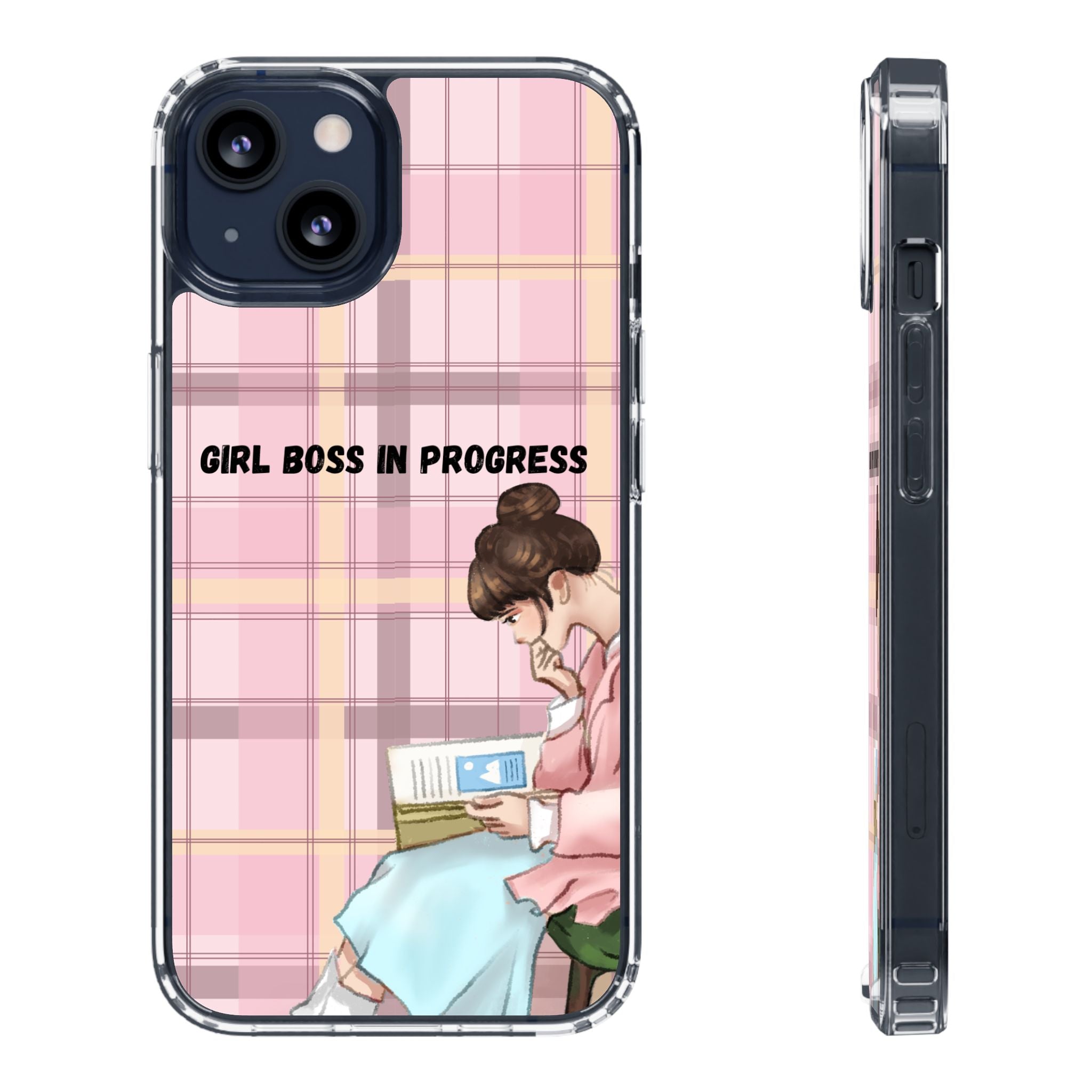 Girl Boss in Progress Clear Phone Case – Pink Plaid Feminine iPhone Cover