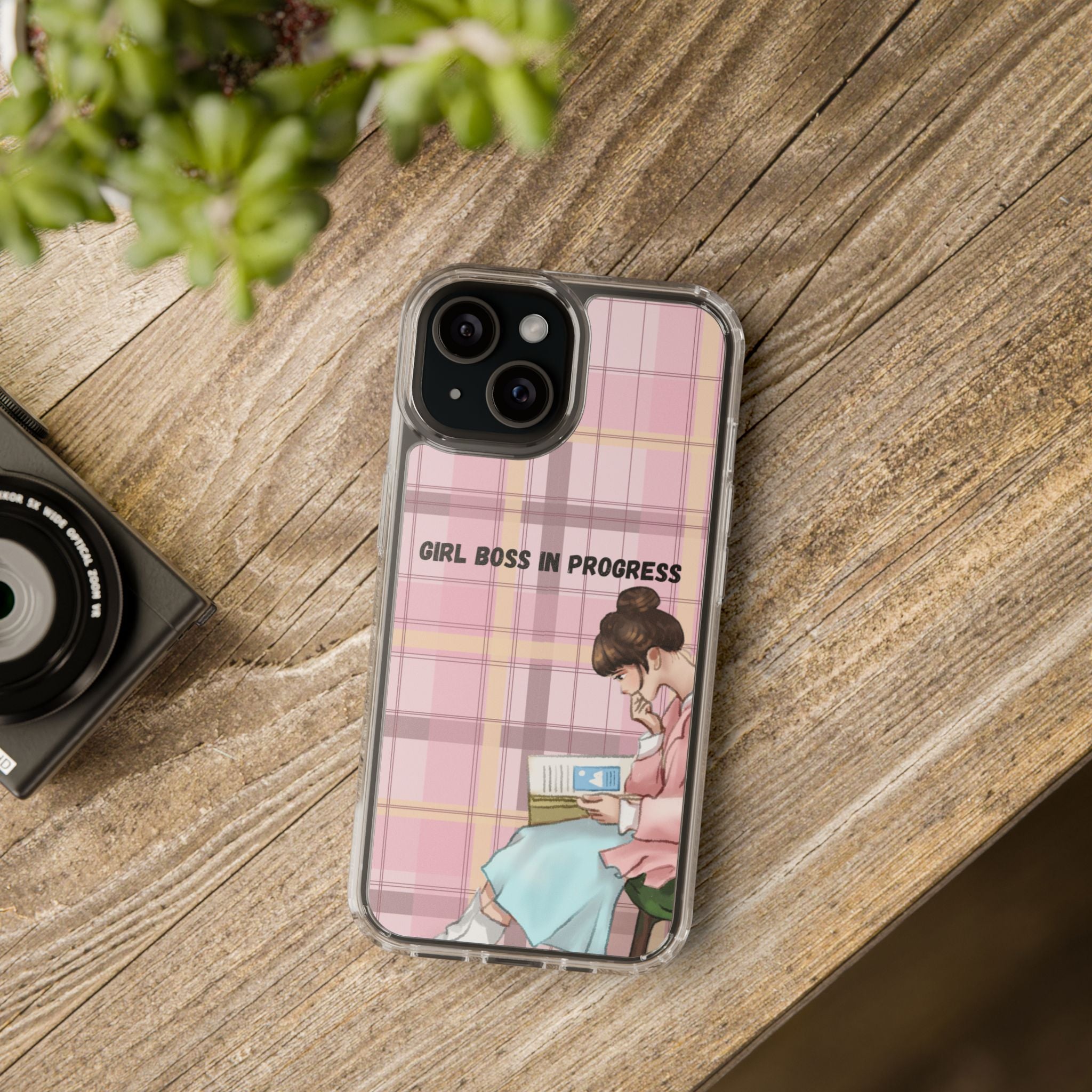 Girl Boss in Progress Clear Phone Case – Pink Plaid Feminine iPhone Cover