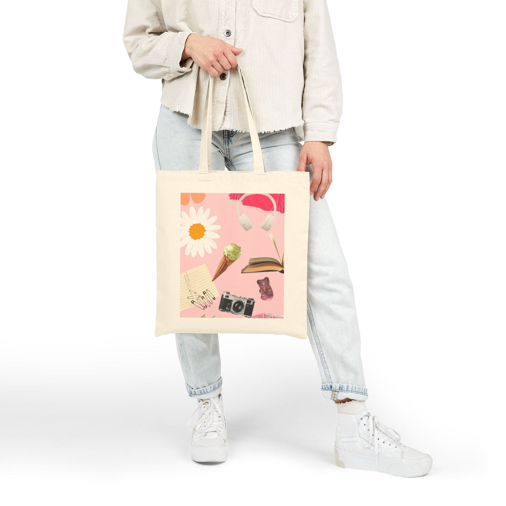Canvas Tote Bag — Pink Aesthetic Collage: Daisy, Camera, Headphones & Book