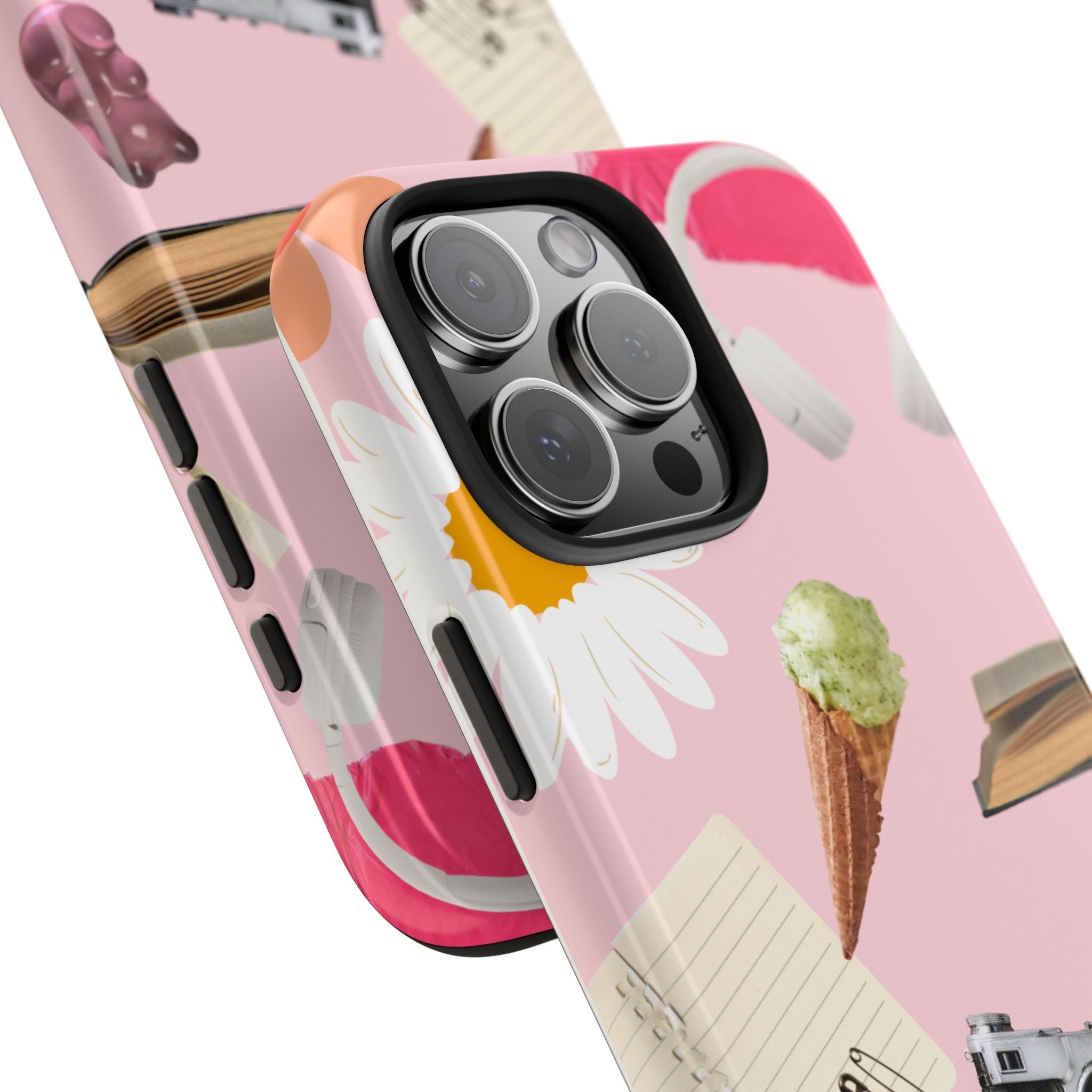 Pastel Collage Tough Phone Case – Cute Floral, Camera & Snacks Pattern