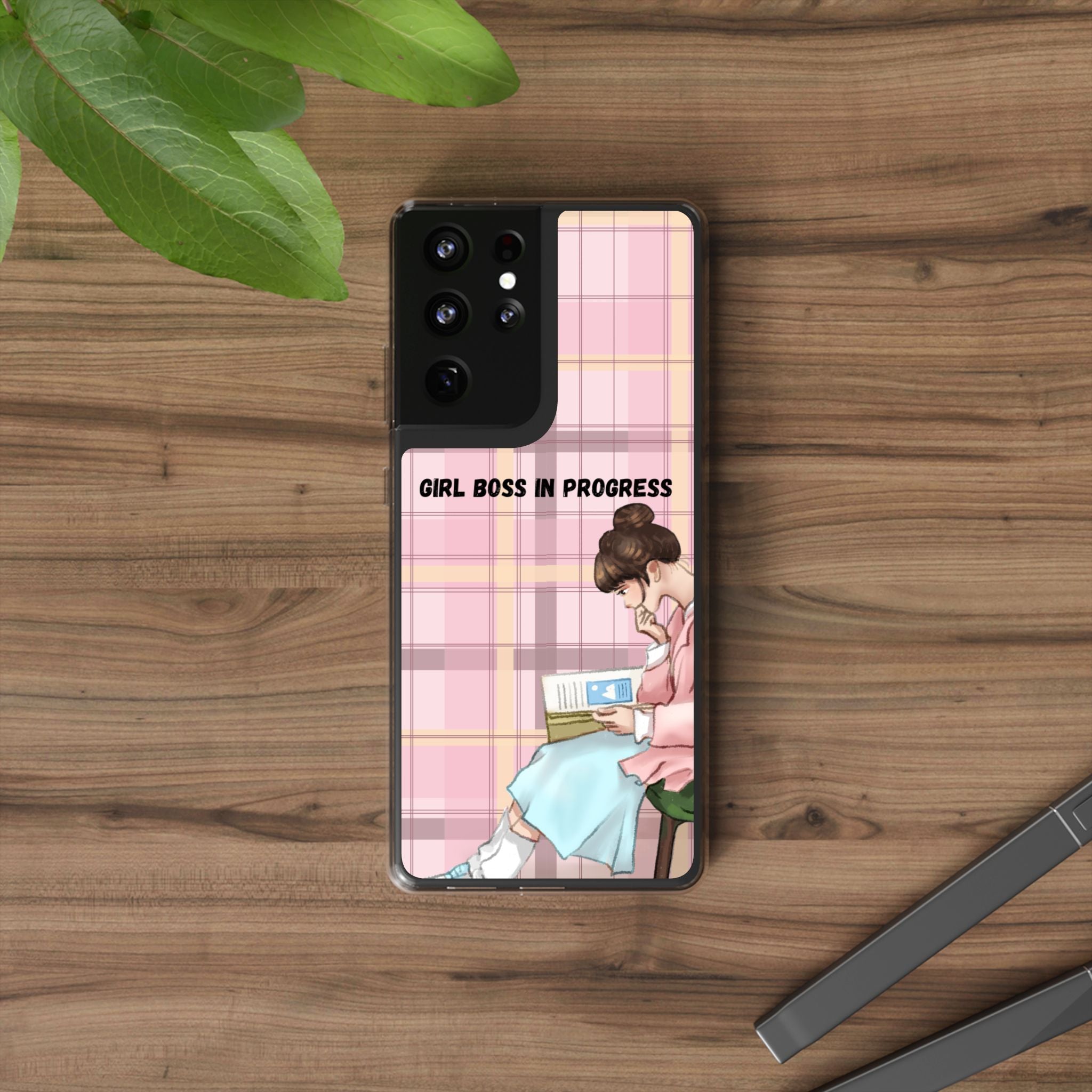 Girl Boss in Progress Clear Phone Case – Pink Plaid Feminine iPhone Cover
