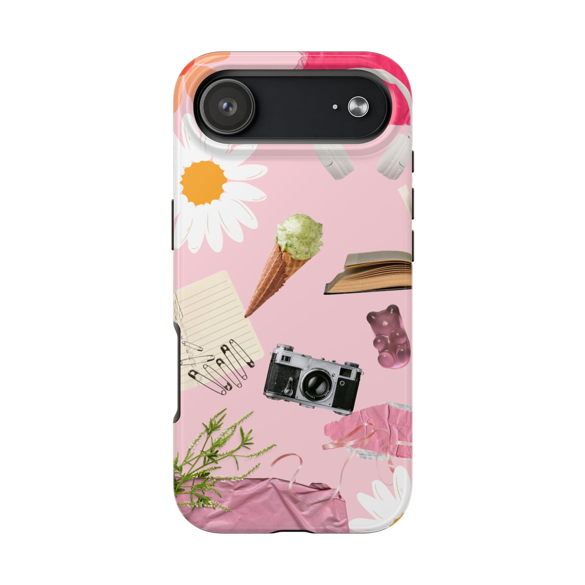 Pastel Collage Tough Phone Case – Cute Floral, Camera & Snacks Pattern