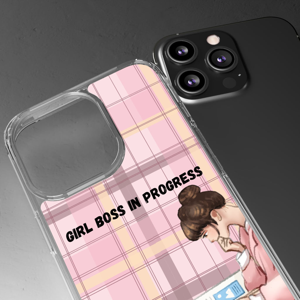 Girl Boss in Progress Clear Phone Case – Pink Plaid Feminine iPhone Cover