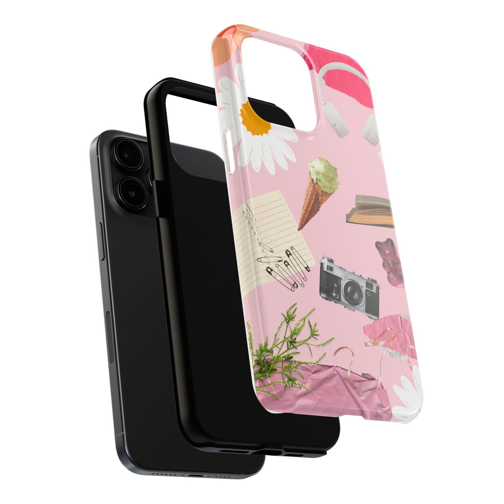 Pastel Collage Tough Phone Case – Cute Floral, Camera & Snacks Pattern
