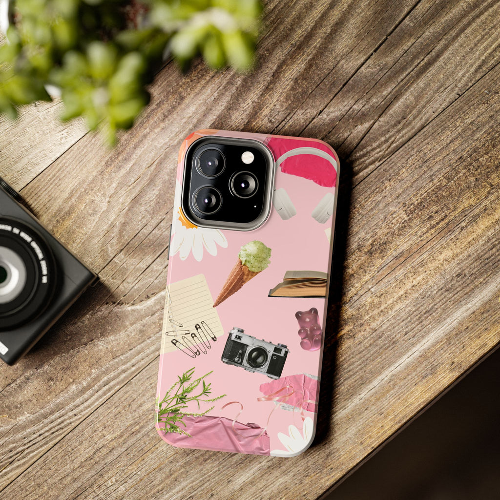 Pastel Collage Tough Phone Case – Cute Floral, Camera & Snacks Pattern