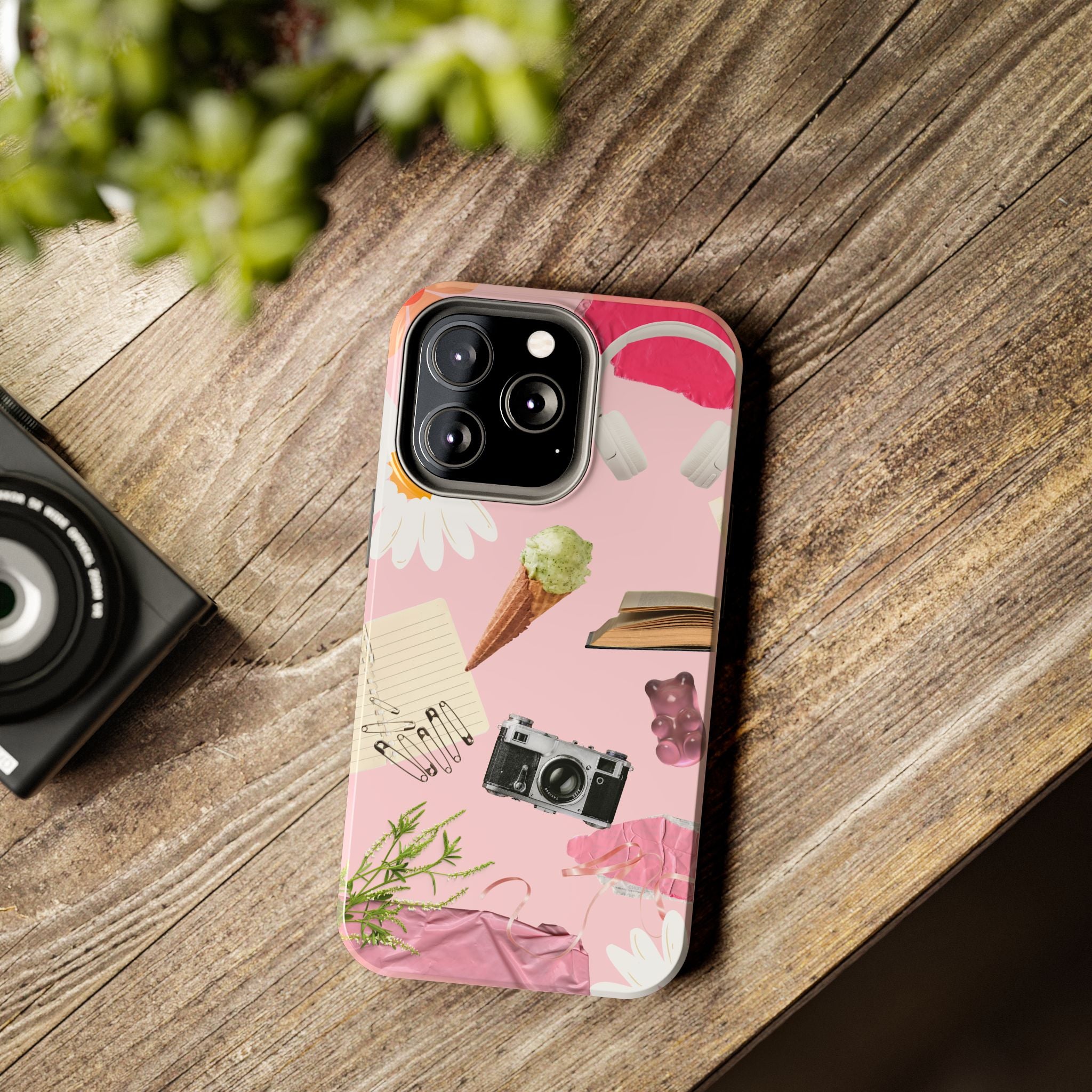 Pastel Collage Tough Phone Case – Cute Floral, Camera & Snacks Pattern