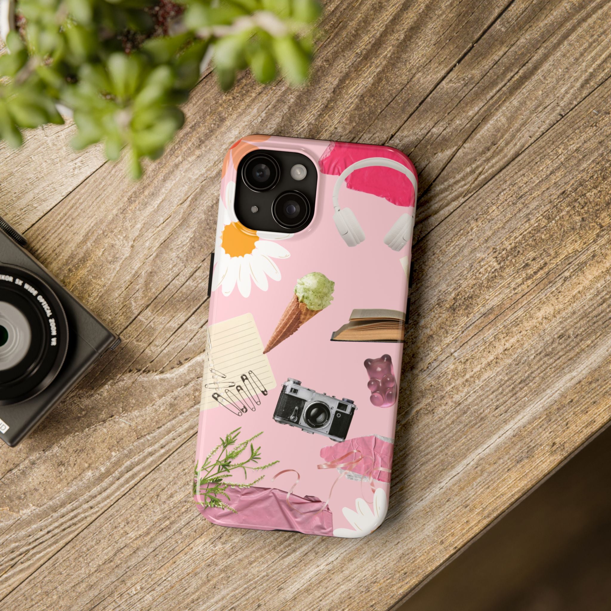 Pastel Collage Tough Phone Case – Cute Floral, Camera & Snacks Pattern