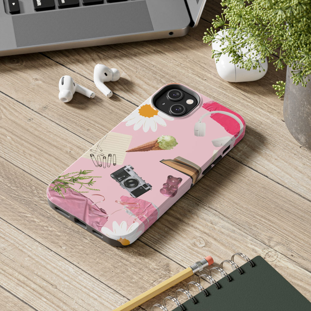 Pastel Collage Tough Phone Case – Cute Floral, Camera & Snacks Pattern