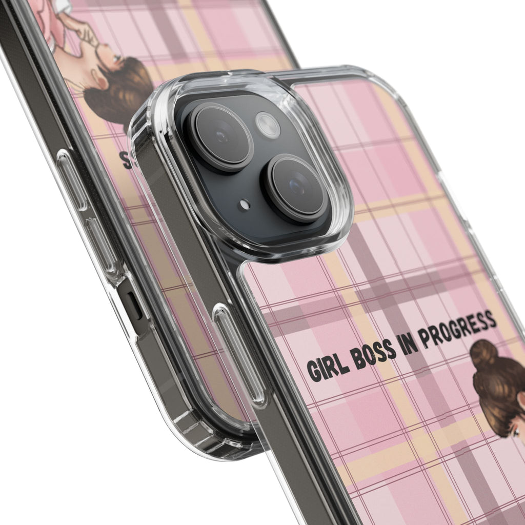 Girl Boss in Progress Clear Phone Case – Pink Plaid Feminine iPhone Cover