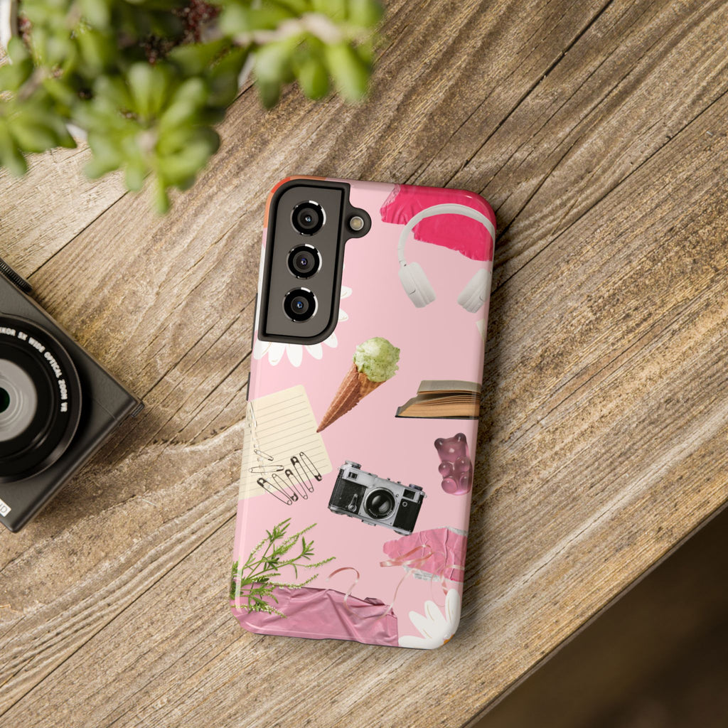 Pastel Collage Tough Phone Case – Cute Floral, Camera & Snacks Pattern