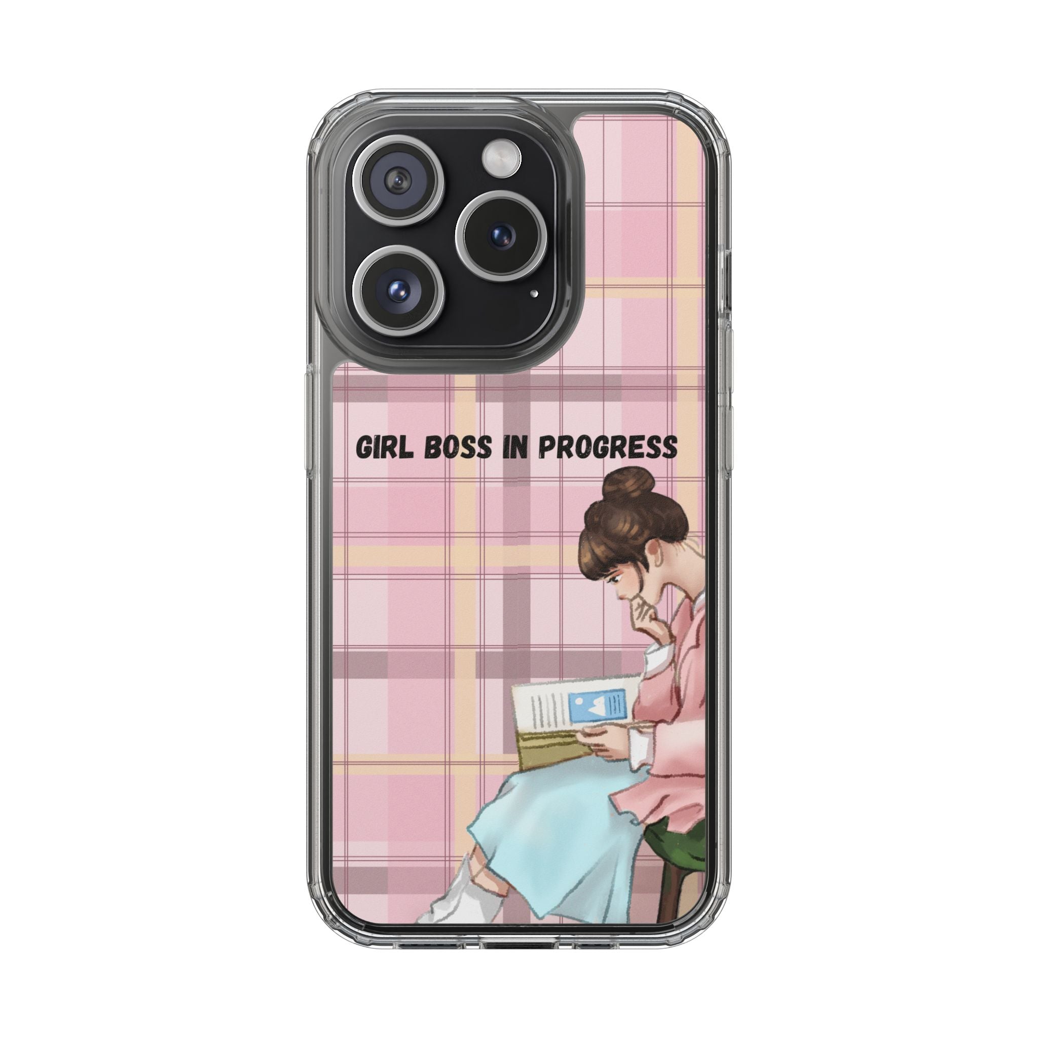 Girl Boss in Progress Clear Phone Case – Pink Plaid Feminine iPhone Cover