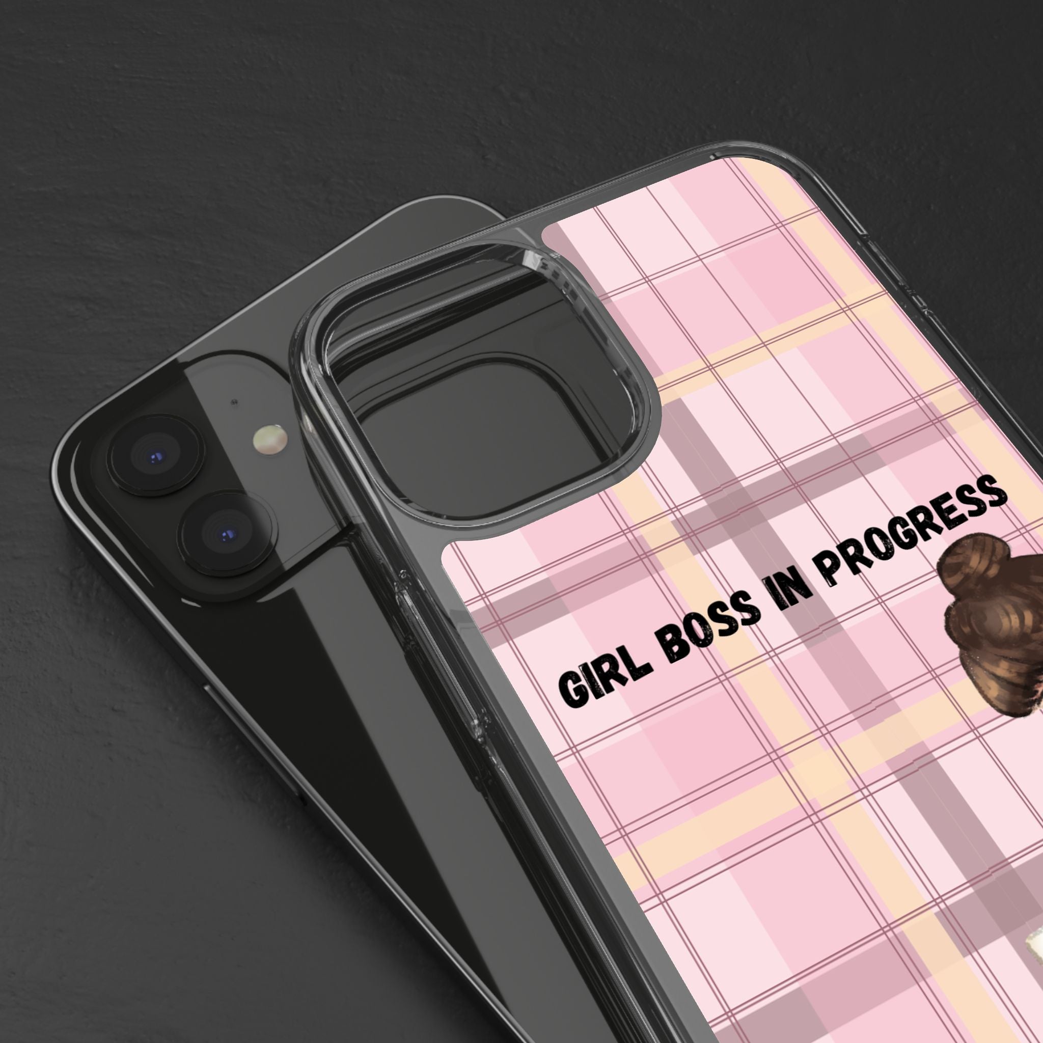 Girl Boss in Progress Clear Phone Case – Pink Plaid Feminine iPhone Cover