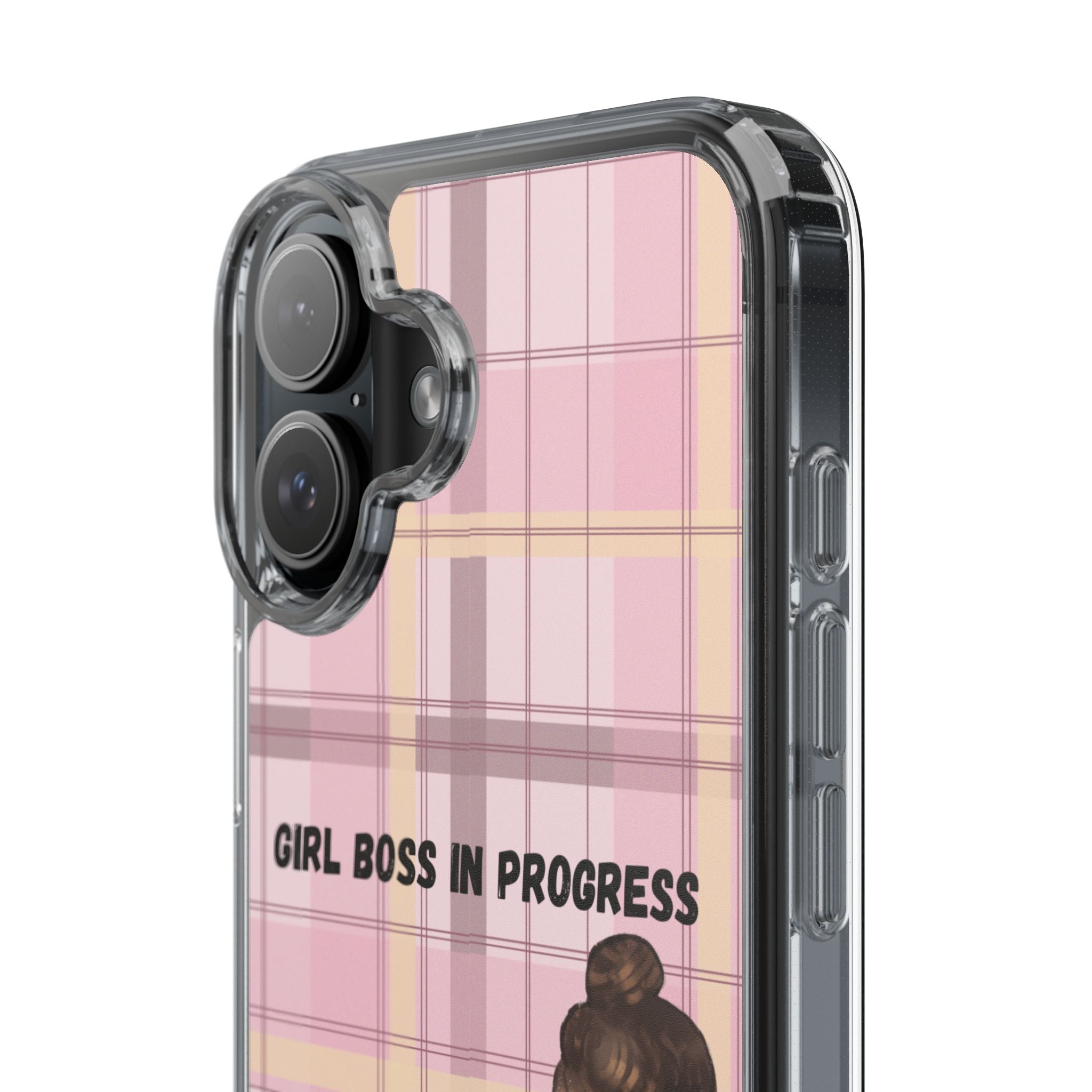 Girl Boss in Progress Clear Phone Case – Pink Plaid Feminine iPhone Cover