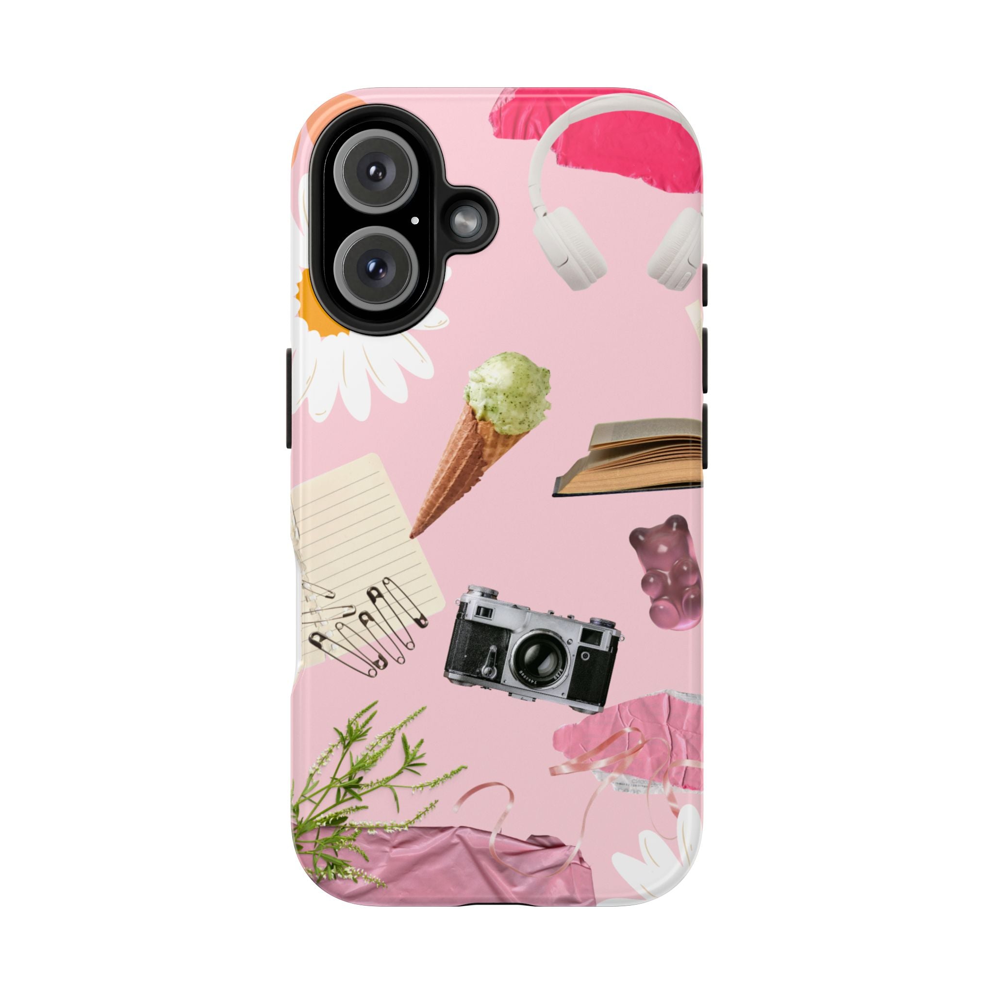 Pastel Collage Tough Phone Case – Cute Floral, Camera & Snacks Pattern