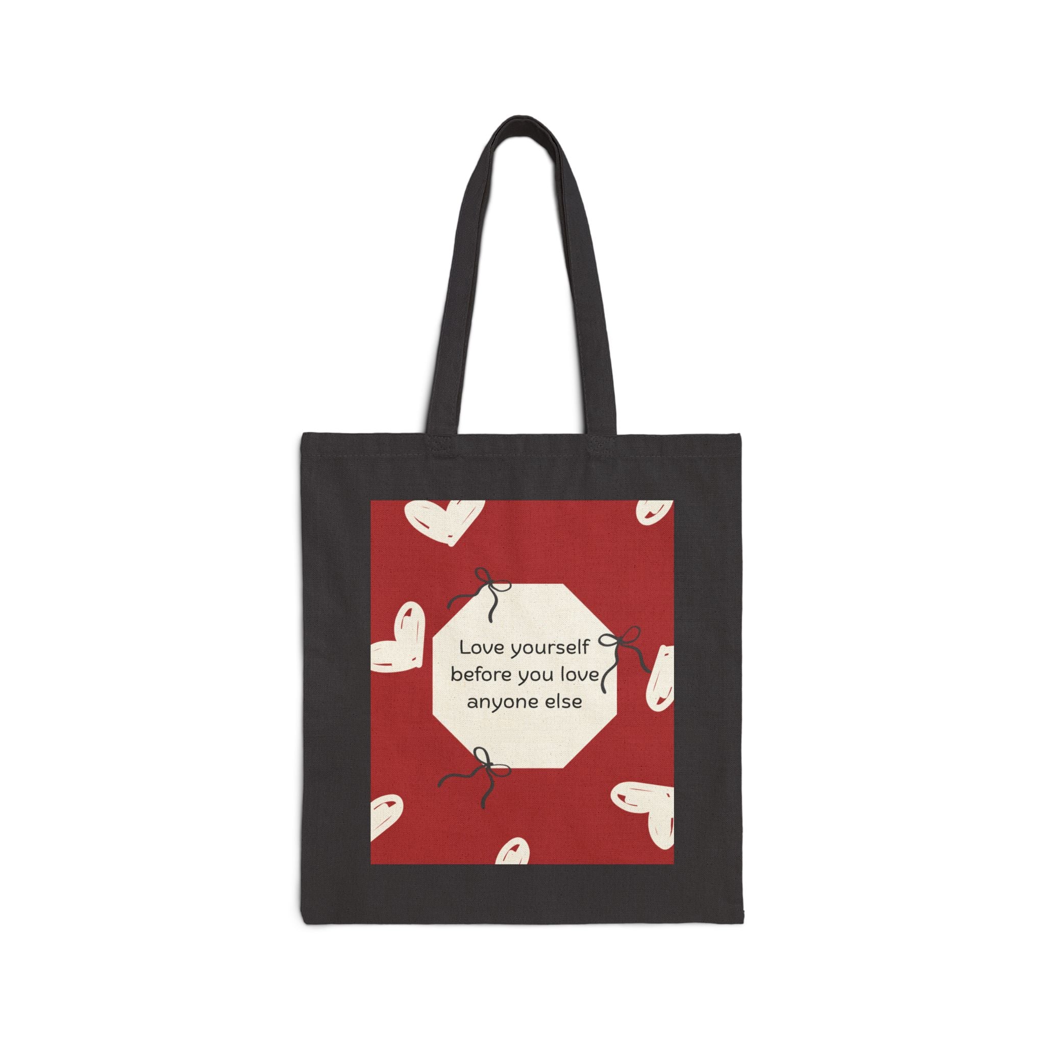 Tote Bag — 'Love Yourself First' Heart Canvas Tote, Self-Care Quote Eco Shopper