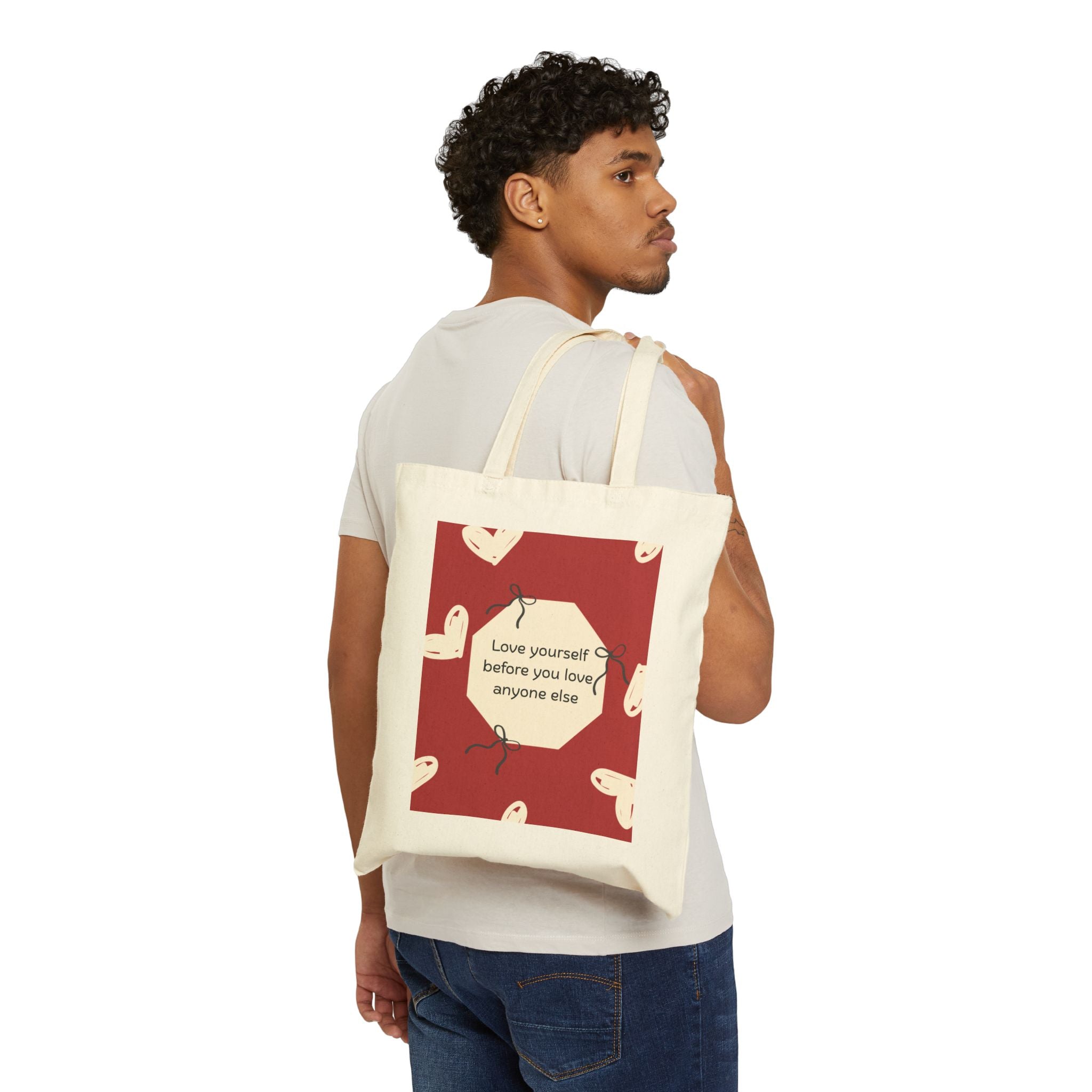 Tote Bag — 'Love Yourself First' Heart Canvas Tote, Self-Care Quote Eco Shopper