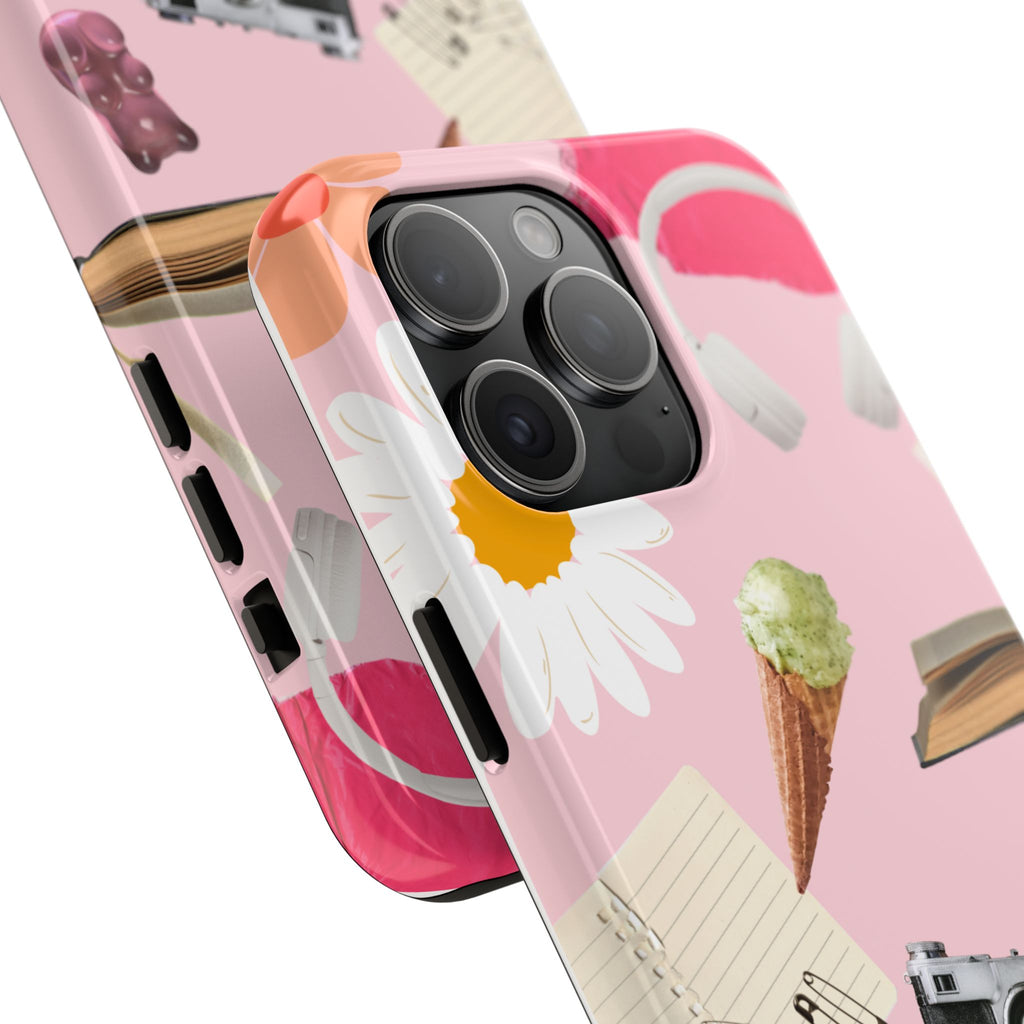 Pastel Collage Tough Phone Case – Cute Floral, Camera & Snacks Pattern