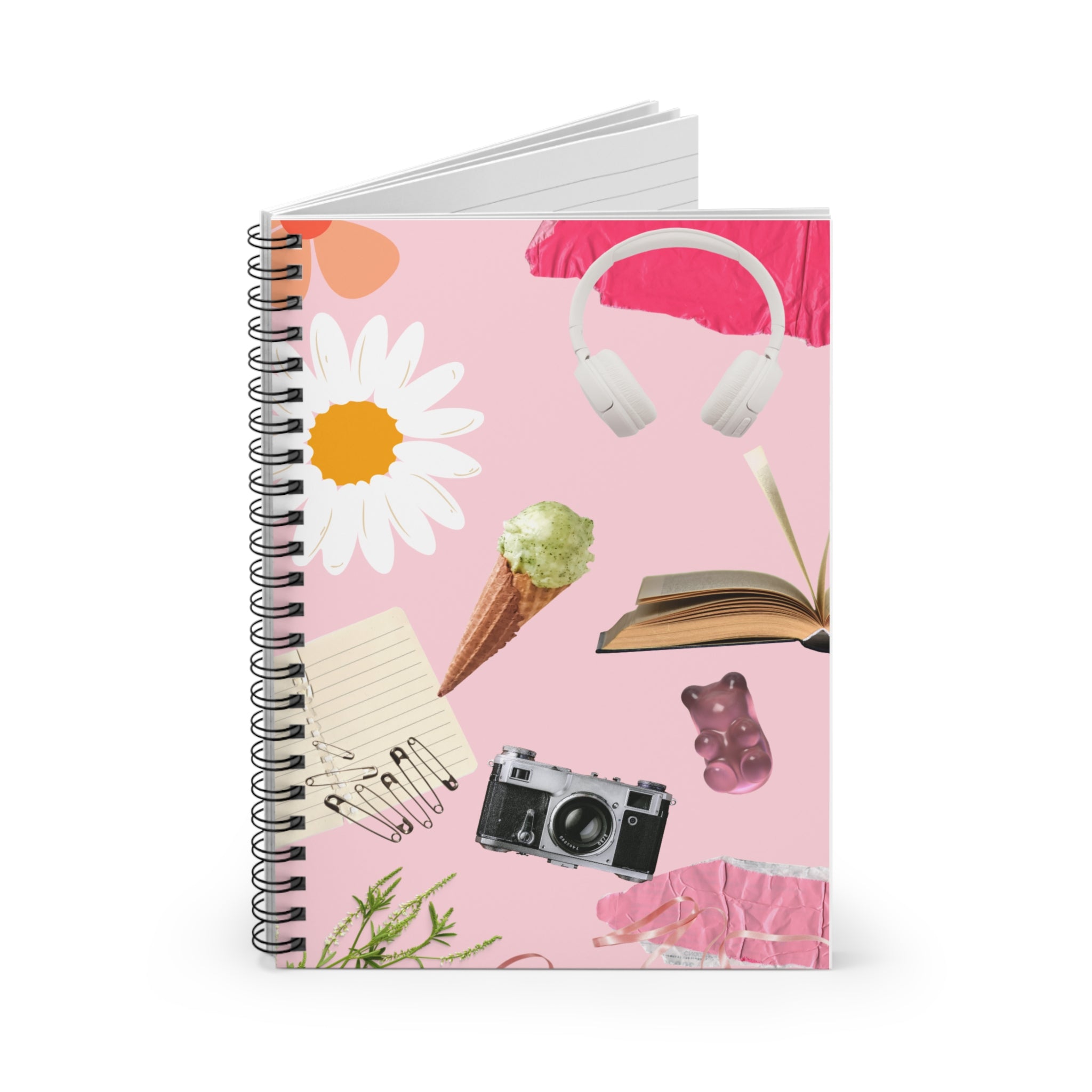 Pink Collage Spiral Notebook — Cute Daisy, Headphones & Camera Ruled Journal