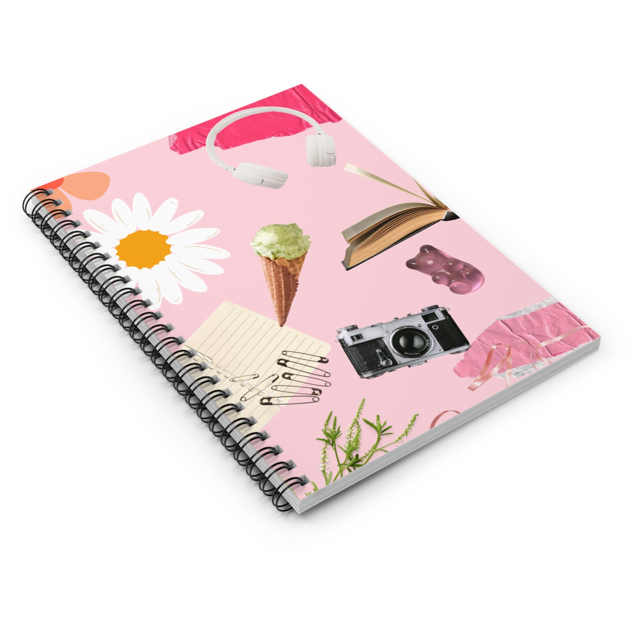 Pink Collage Spiral Notebook — Cute Daisy, Headphones & Camera Ruled Journal