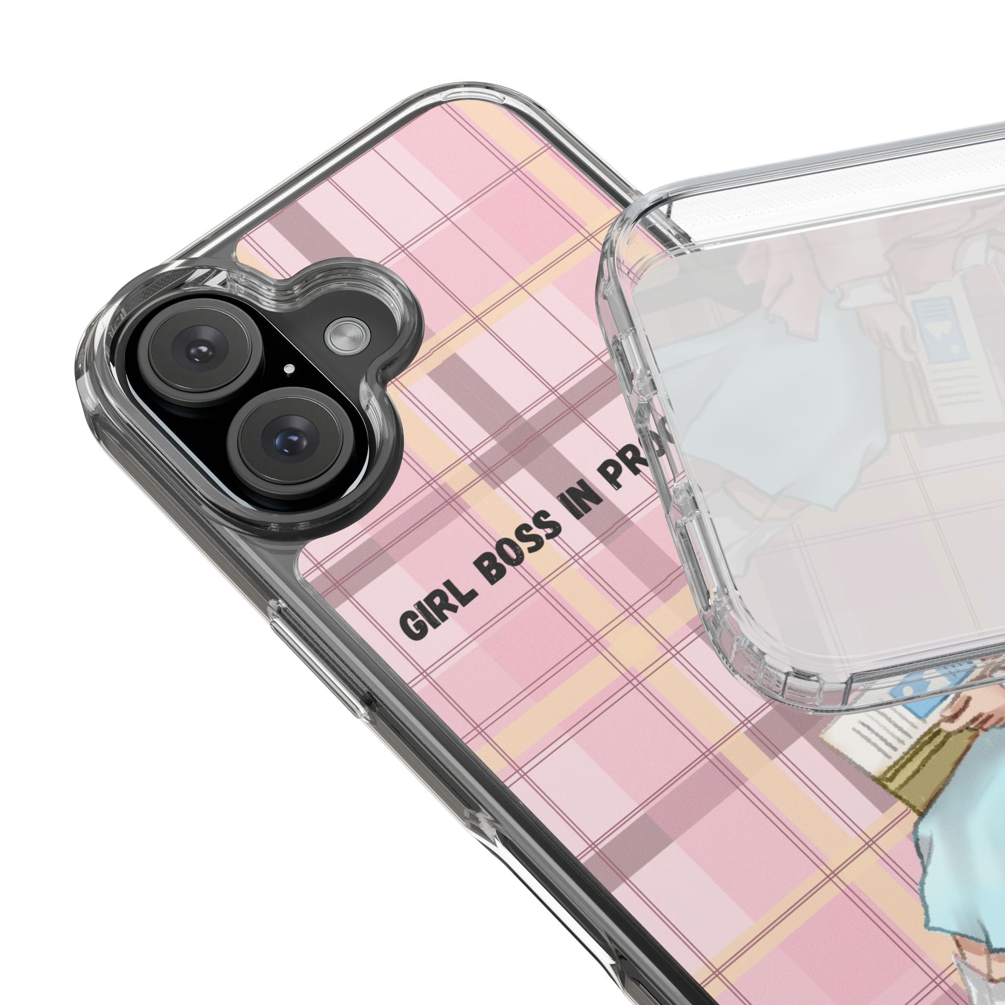 Girl Boss in Progress Clear Phone Case – Pink Plaid Feminine iPhone Cover