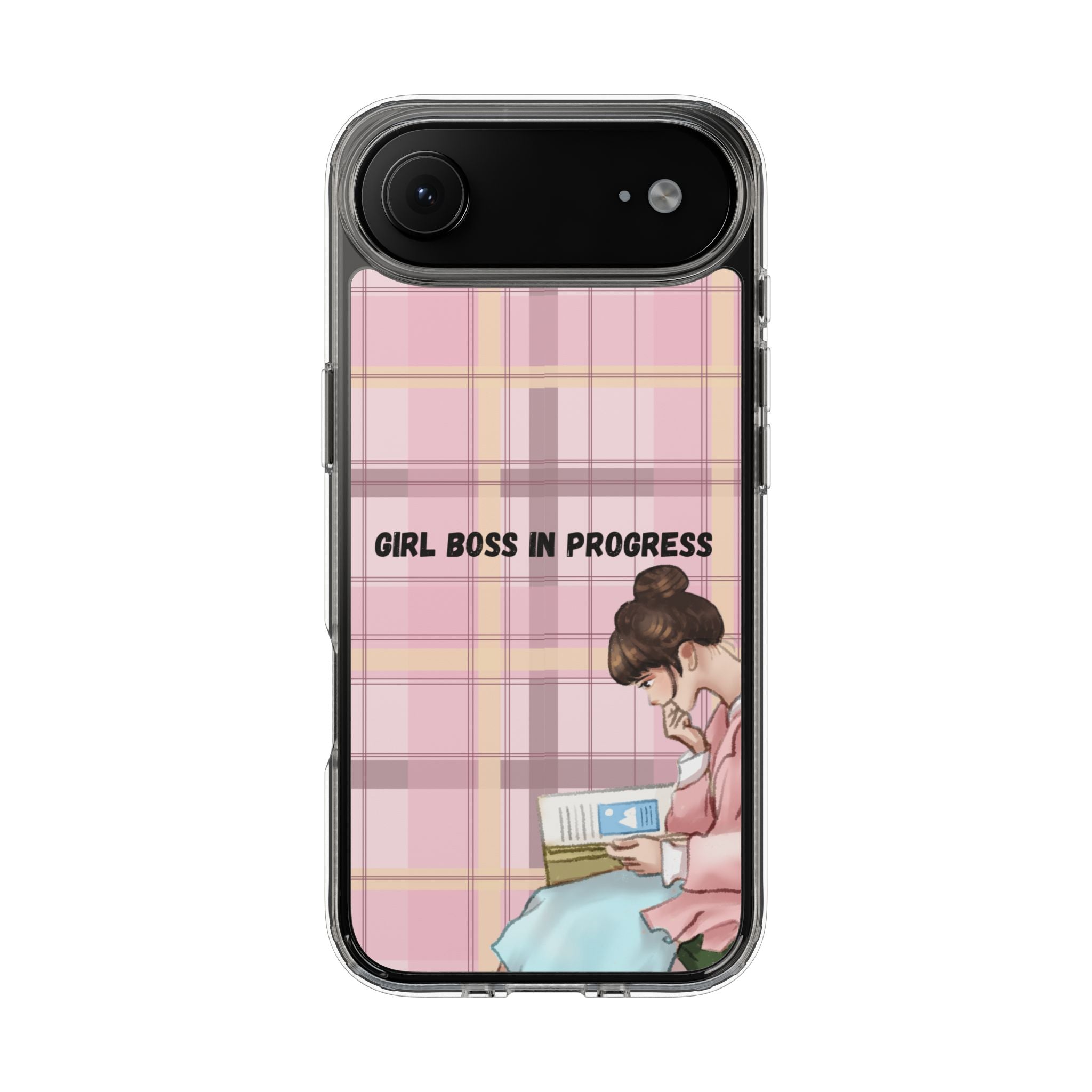 Girl Boss in Progress Clear Phone Case – Pink Plaid Feminine iPhone Cover