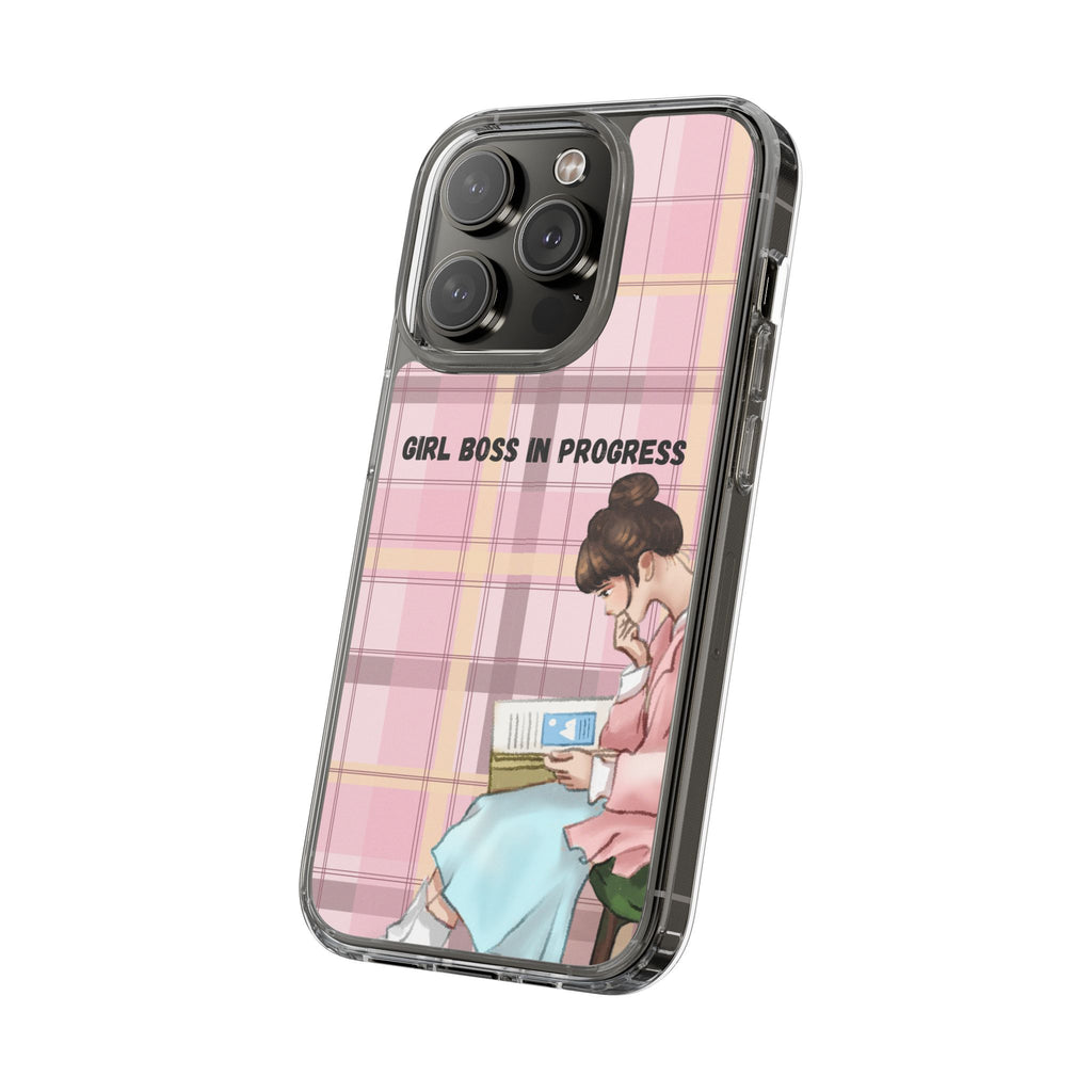 Girl Boss in Progress Clear Phone Case – Pink Plaid Feminine iPhone Cover