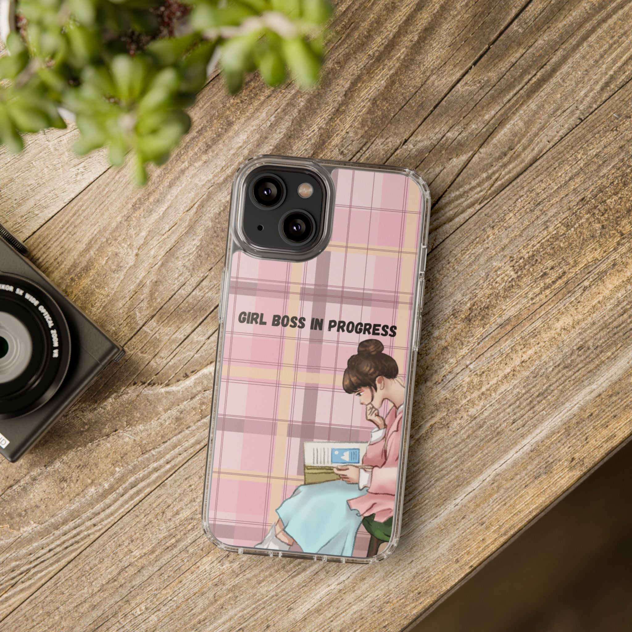 Girl Boss in Progress Clear Phone Case – Pink Plaid Feminine iPhone Cover
