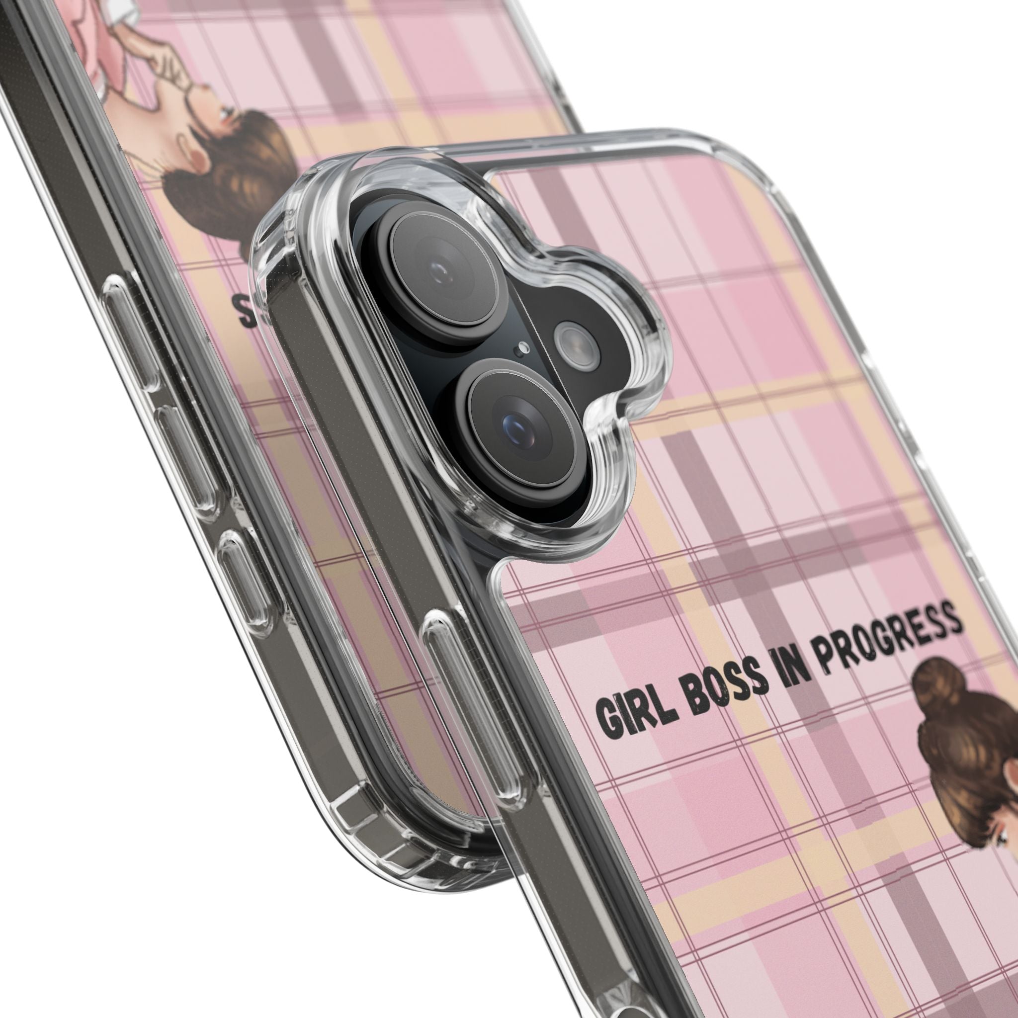 Girl Boss in Progress Clear Phone Case – Pink Plaid Feminine iPhone Cover