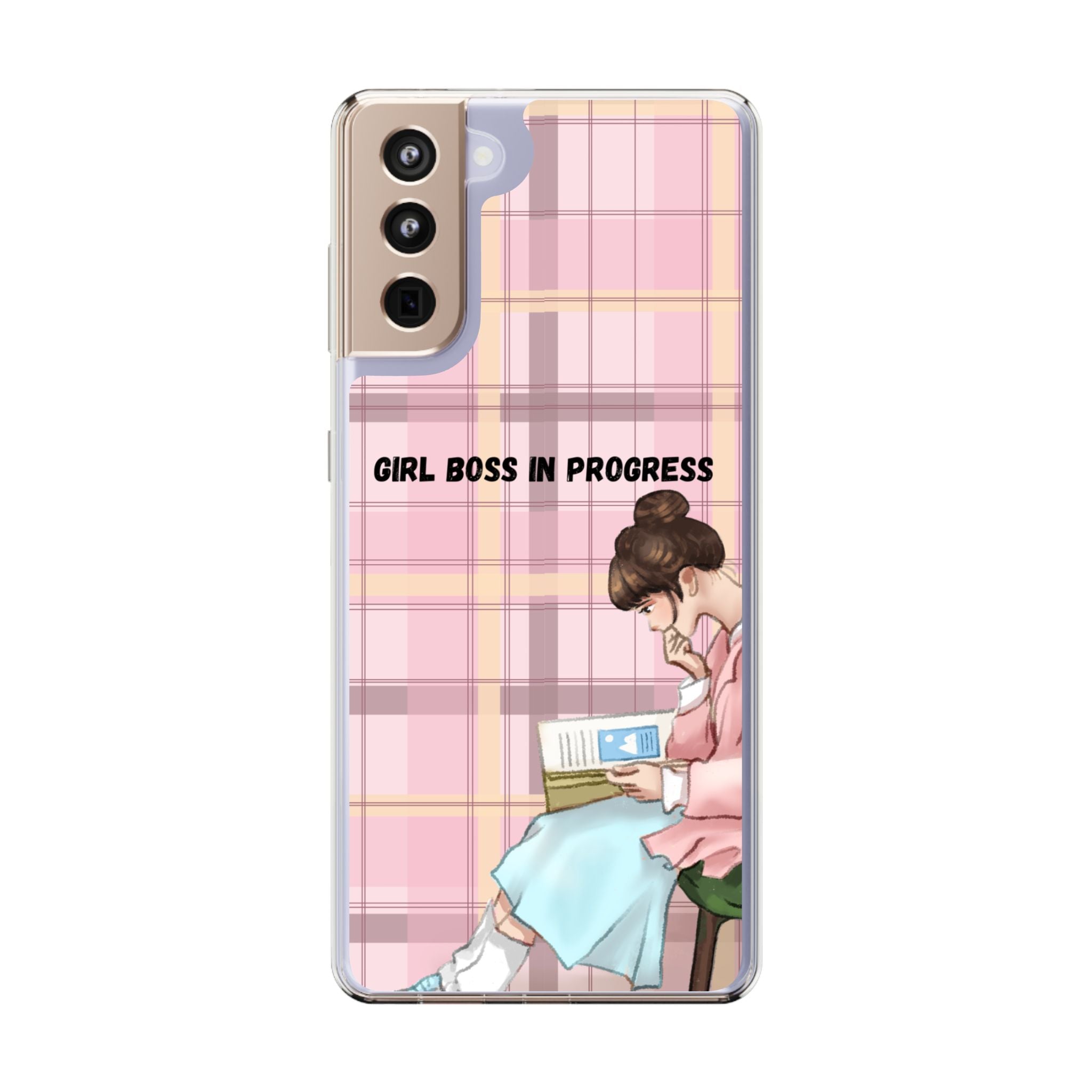 Girl Boss in Progress Clear Phone Case – Pink Plaid Feminine iPhone Cover