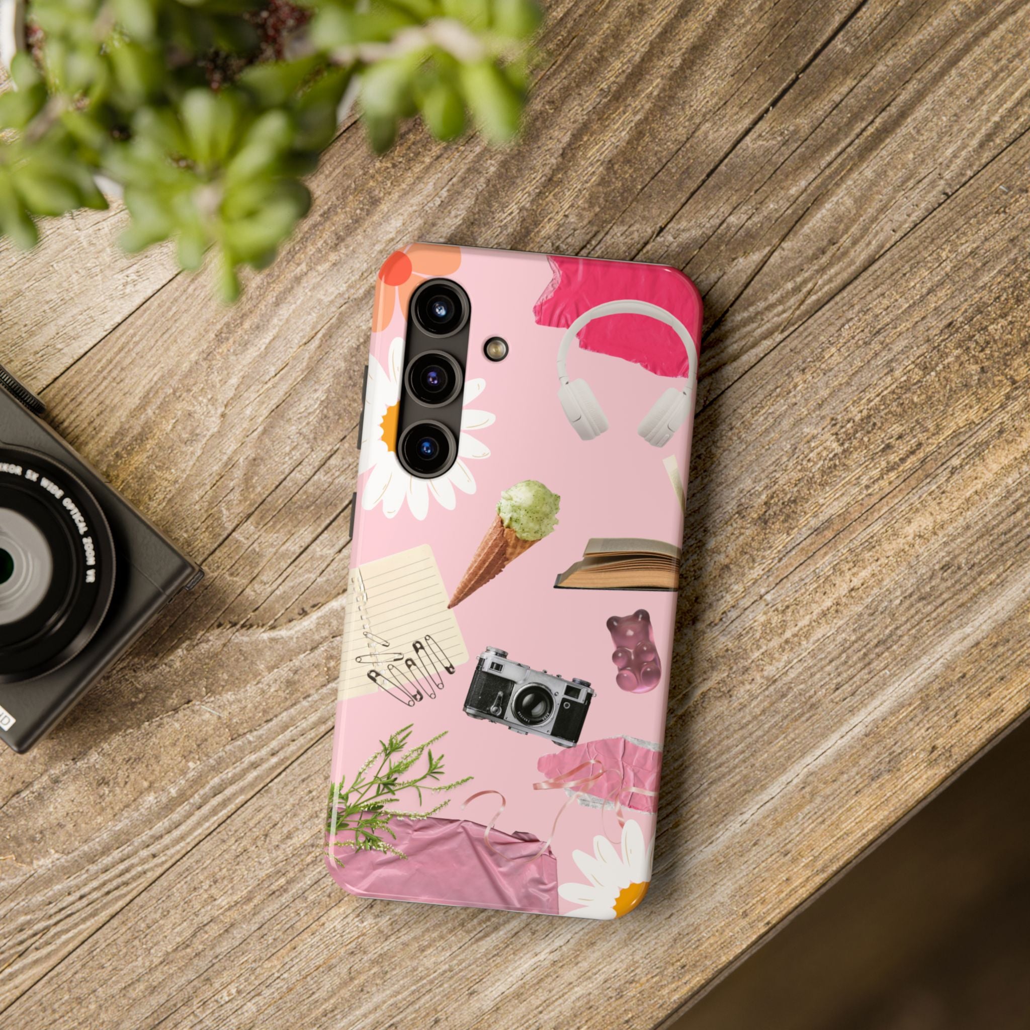Pastel Collage Tough Phone Case – Cute Floral, Camera & Snacks Pattern