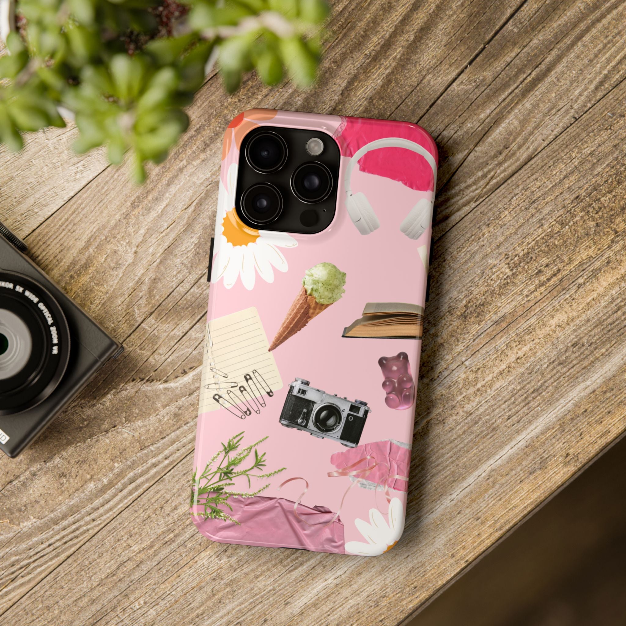 Pastel Collage Tough Phone Case – Cute Floral, Camera & Snacks Pattern
