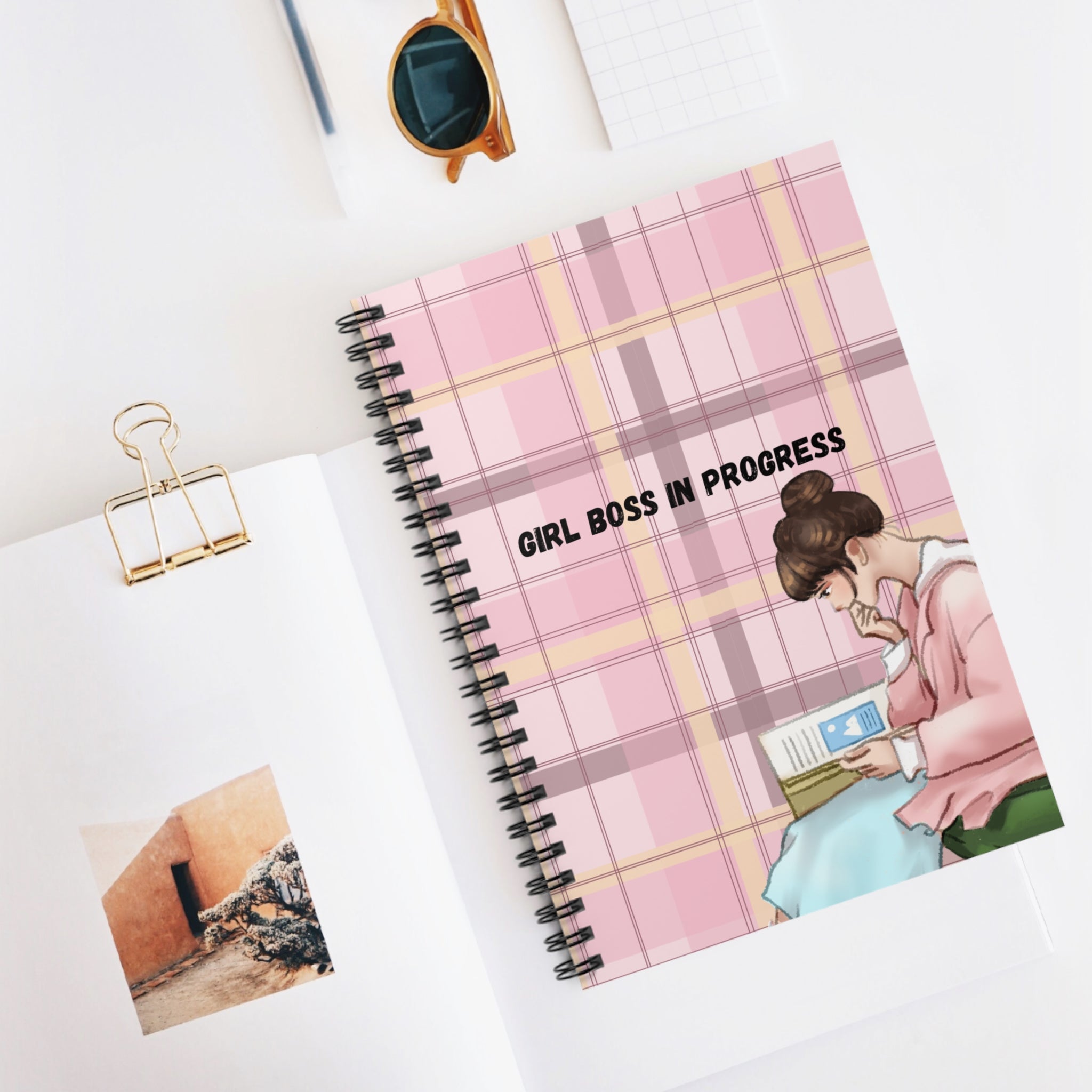 Girl Boss in Progress Spiral Notebook — Pink Plaid Motivational Journal