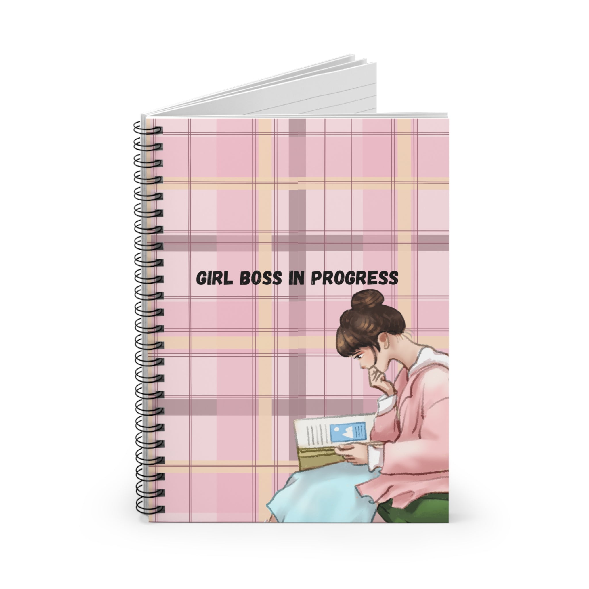 Girl Boss in Progress Spiral Notebook — Pink Plaid Motivational Journal