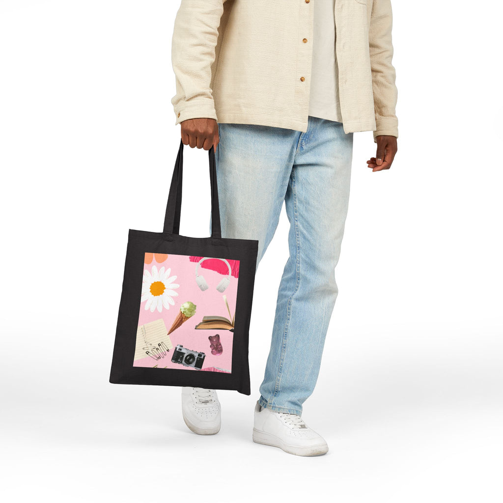 Canvas Tote Bag — Pink Aesthetic Collage: Daisy, Camera, Headphones & Book