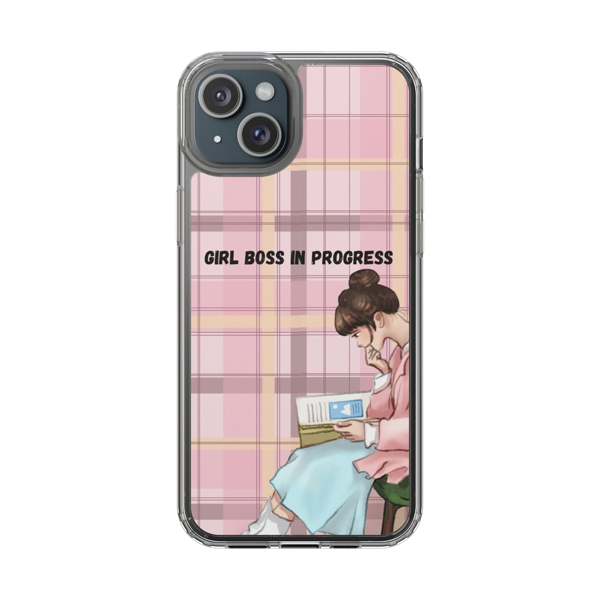 Girl Boss in Progress Clear Phone Case – Pink Plaid Feminine iPhone Cover